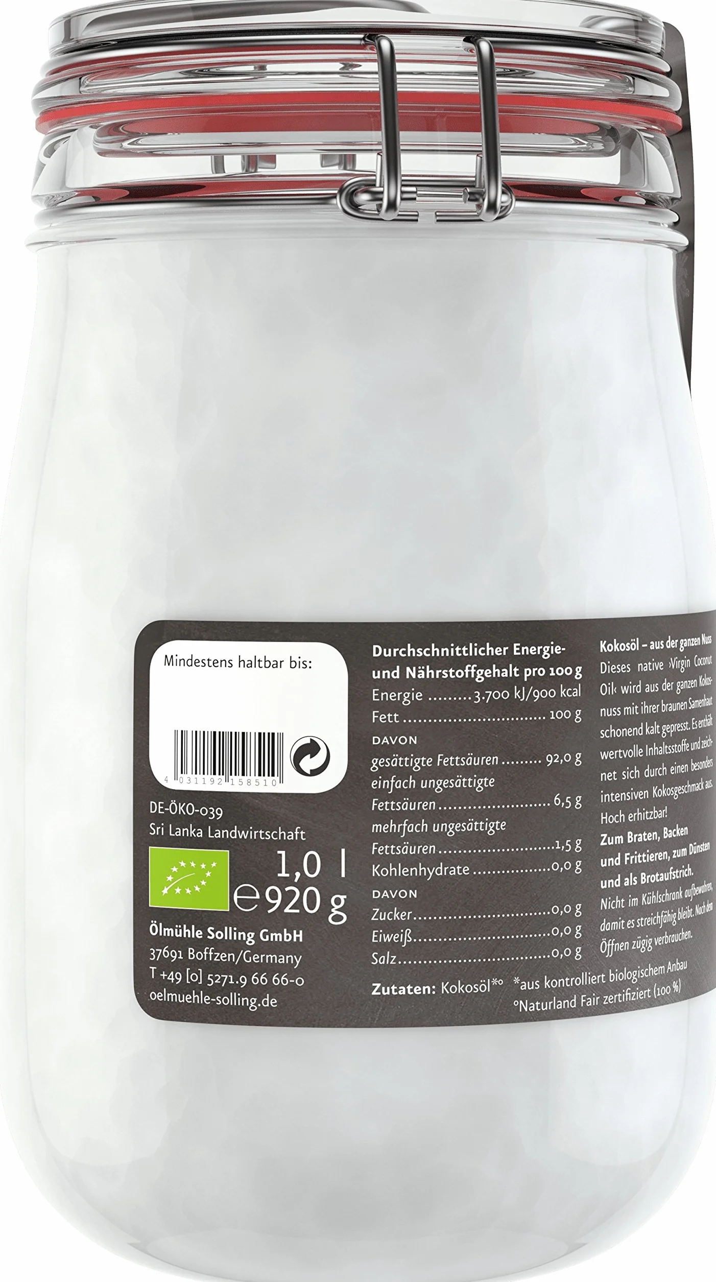 Aceite de coco Ölmühle Solling Bio & Naturland Fair 1000 ml para planchar
