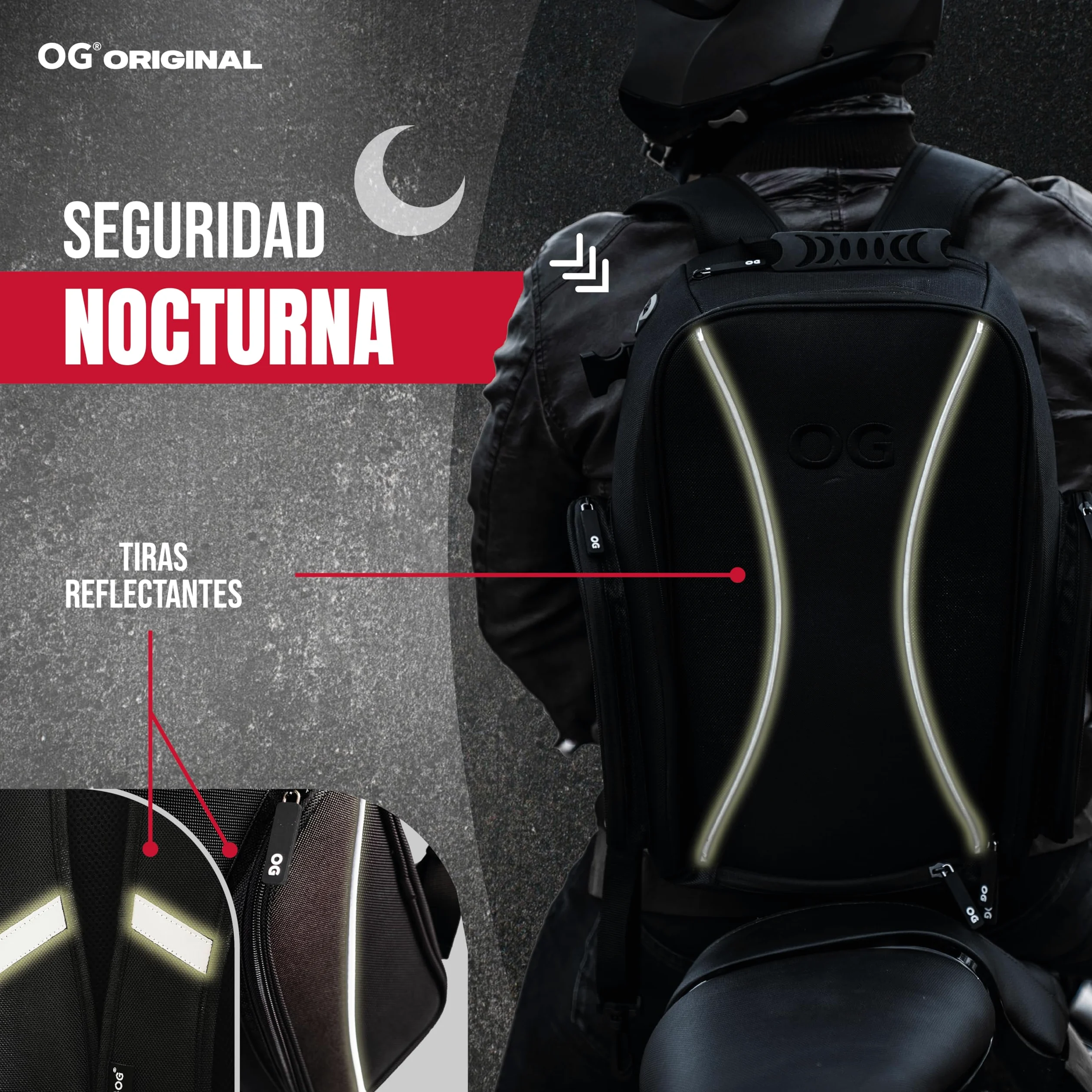 OG Original Mochila Moto GO Negra Impermeable 20L, Bolsa Porta-Cascos Motorista, Correa Casco, Ciclismo, Hombre, Portátil, Reflectante, Bolsillo Antirrobo