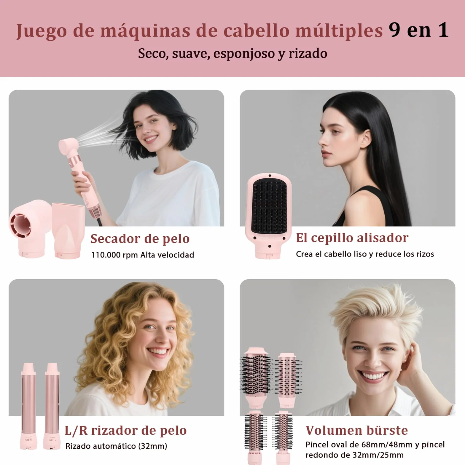 Sonew Estilizador de Pelo 9-en-1 Multi Hairstyler, 110.000 rpm, Cepillo Alisador, Iones y Secador, 68 mm/48 mm/32 mm/25 mm