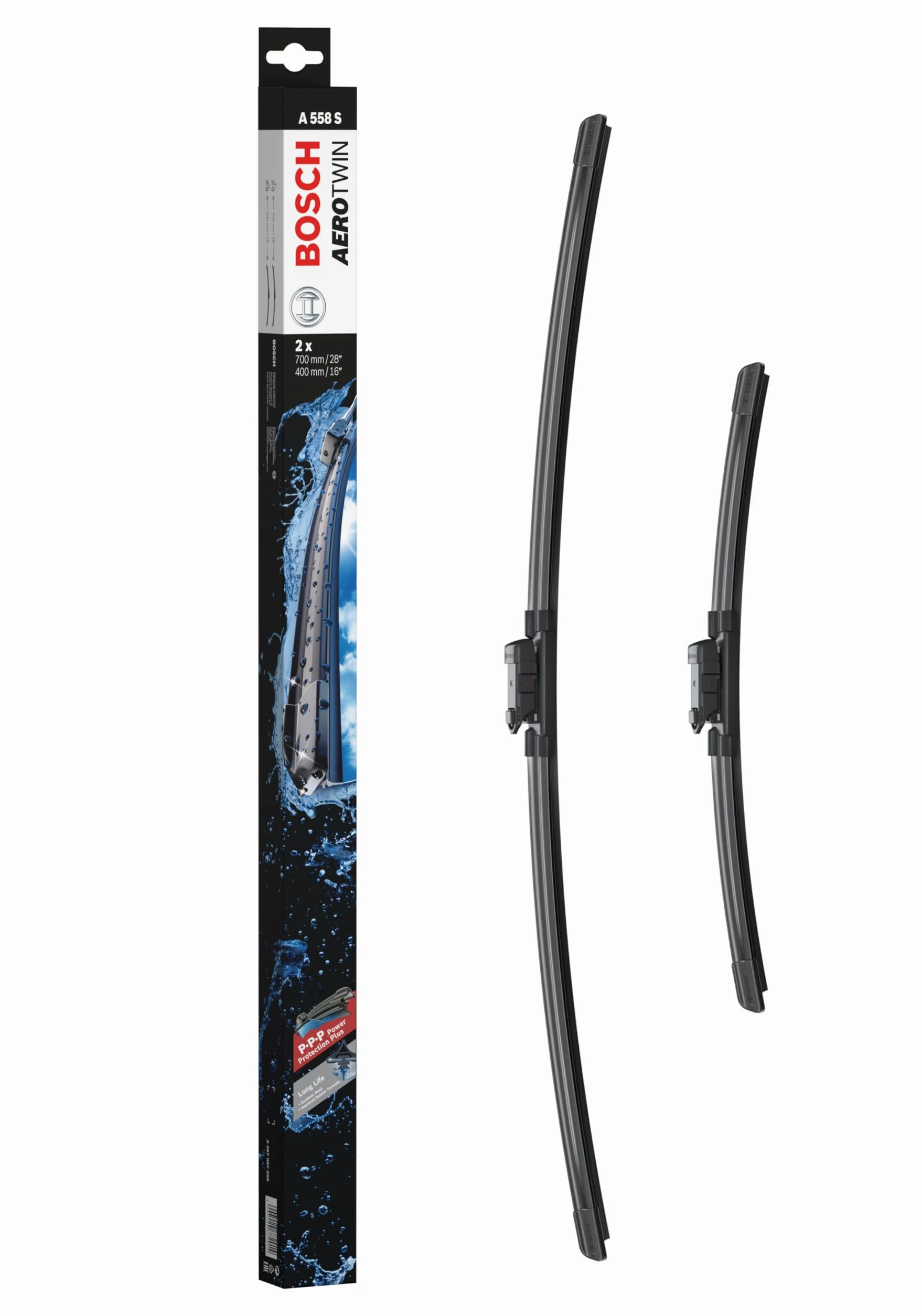 Escobilla limpiaparabrisas Bosch Aerotwin A558S, Longitud: 700mm/400mm − 1 juego para el parabrisas (frontal) - Válidas únicamente para vehículos con volante a la derecha (UK)
