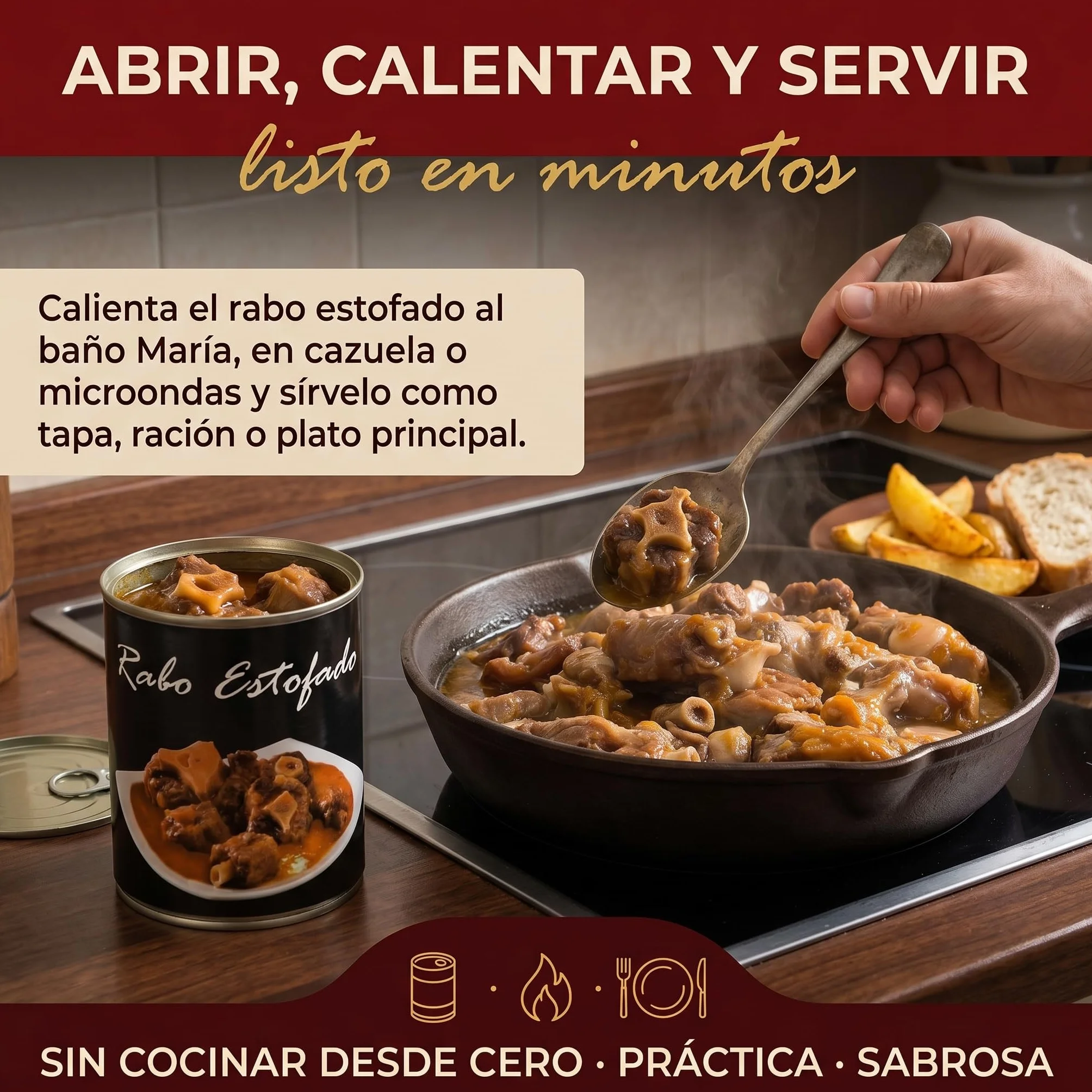 POLGRI Rabo de Vacuno Estofado 800g Receta Manchega Artesana 45% Carne Listo para Calentar Gourmet Español Plato Preparado