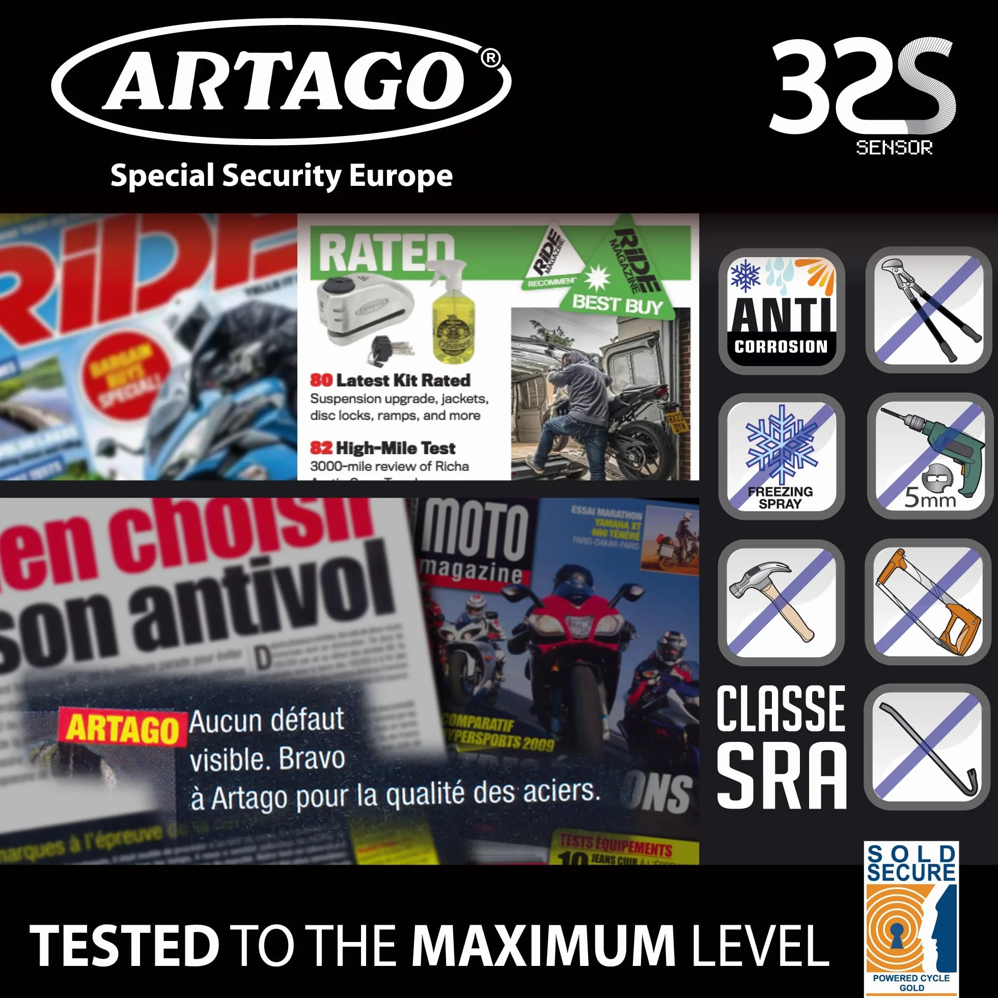 ARTAGO 32 Candado Moto Alta Gama, Mejor Antirrobo Disco con Alarma Inteligente Don't Touch 120dB, Homologado SRA y SSG, Exclusivo Triple Cierre Ø15.5, Blindaje Anti-Taladro 5mm, Pinza Cepo Acero Inox