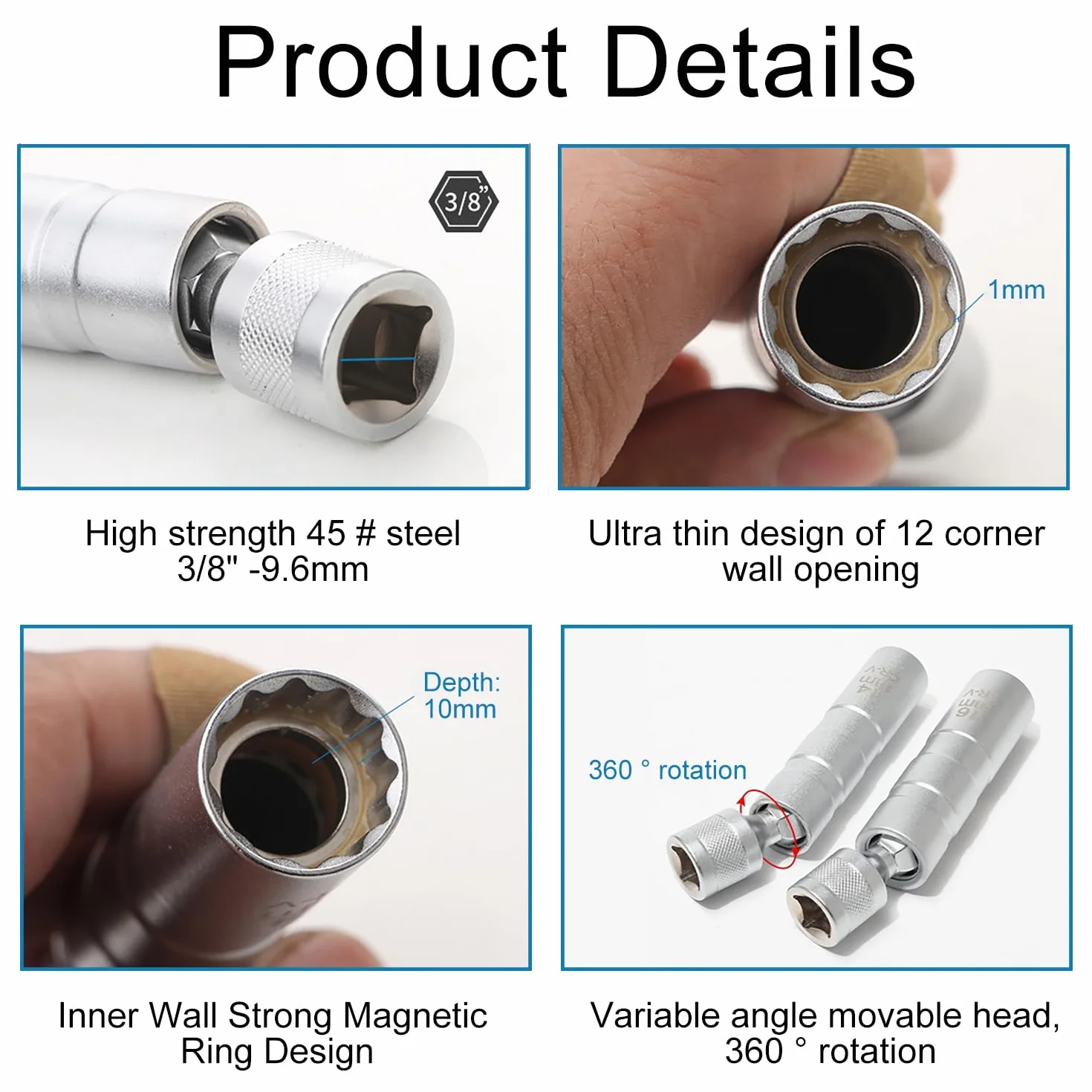 Llave Bujias 16/14mm, Llave de Bujía Magnética Universal 3/8 Pulgadas, 12 Puntos Llave Vaso Bujia, Extractor de Bujía, Herramientas de Extracción de Bujía 98mm