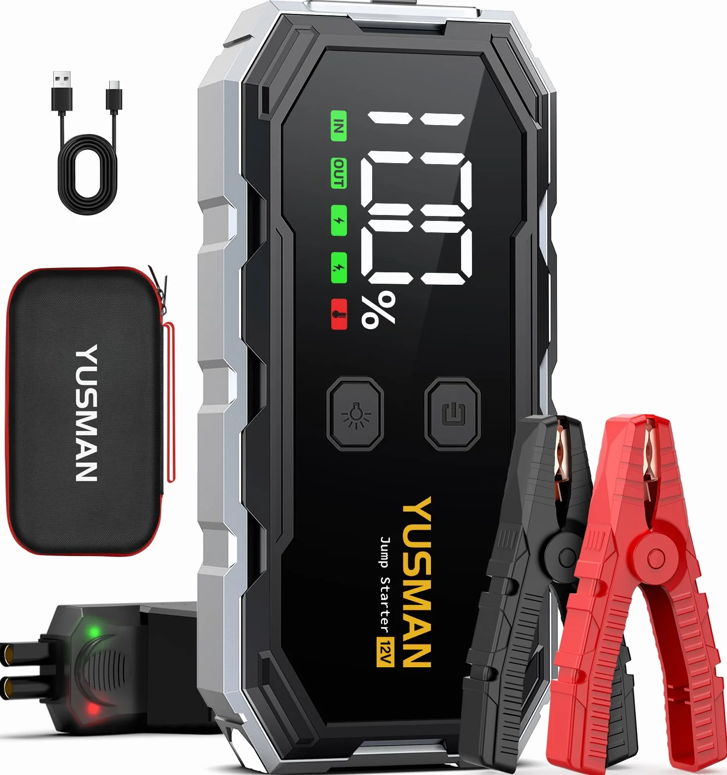 YUSMAN Arrancador de Coche, 10000A Arrancador de Baterias de Coche,12V Arrancador de Portátil con para All Gasolina o 10L Diesel, Linterna LED de Emergencia,Carga Rápida, Pantalla LCD Extragrande