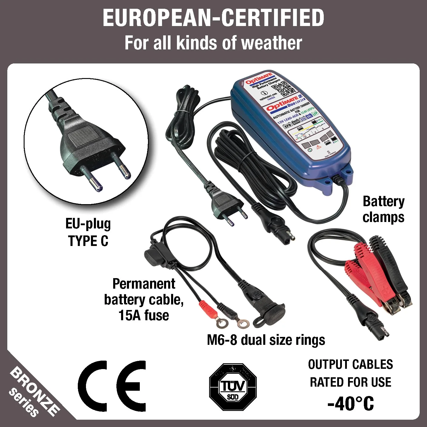 TecMate Optimate 2 Duo, TM550, Serie Bronze: Cargador-mantenedor de batería sellada de 5 Fases de 12V/12,8V 2A