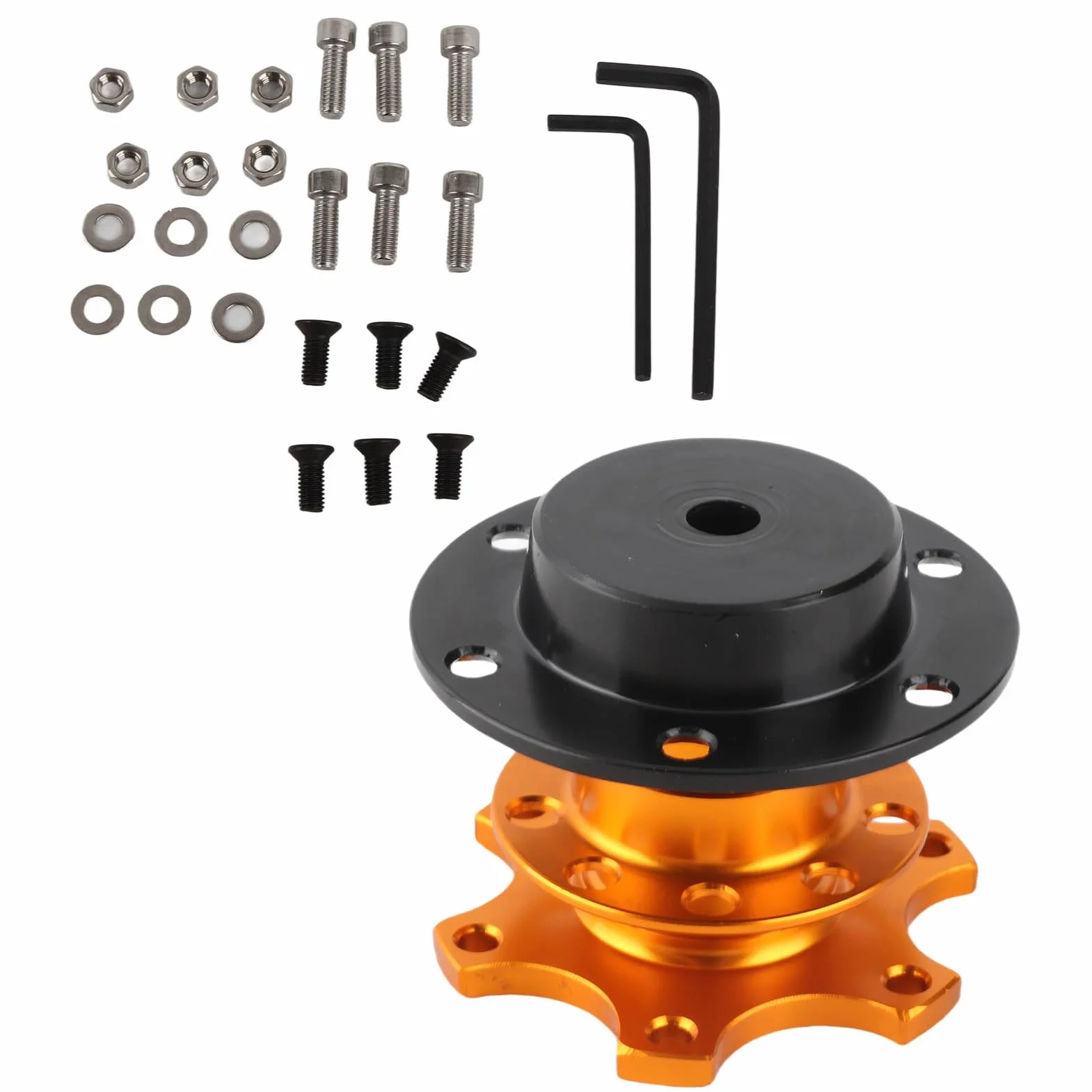 Adaptador de volante universal liberación rápida, ajuste ceñido, fabricado en aluminio y hierro resistente a la corrosión arañazos, compatible con mayoría volantes