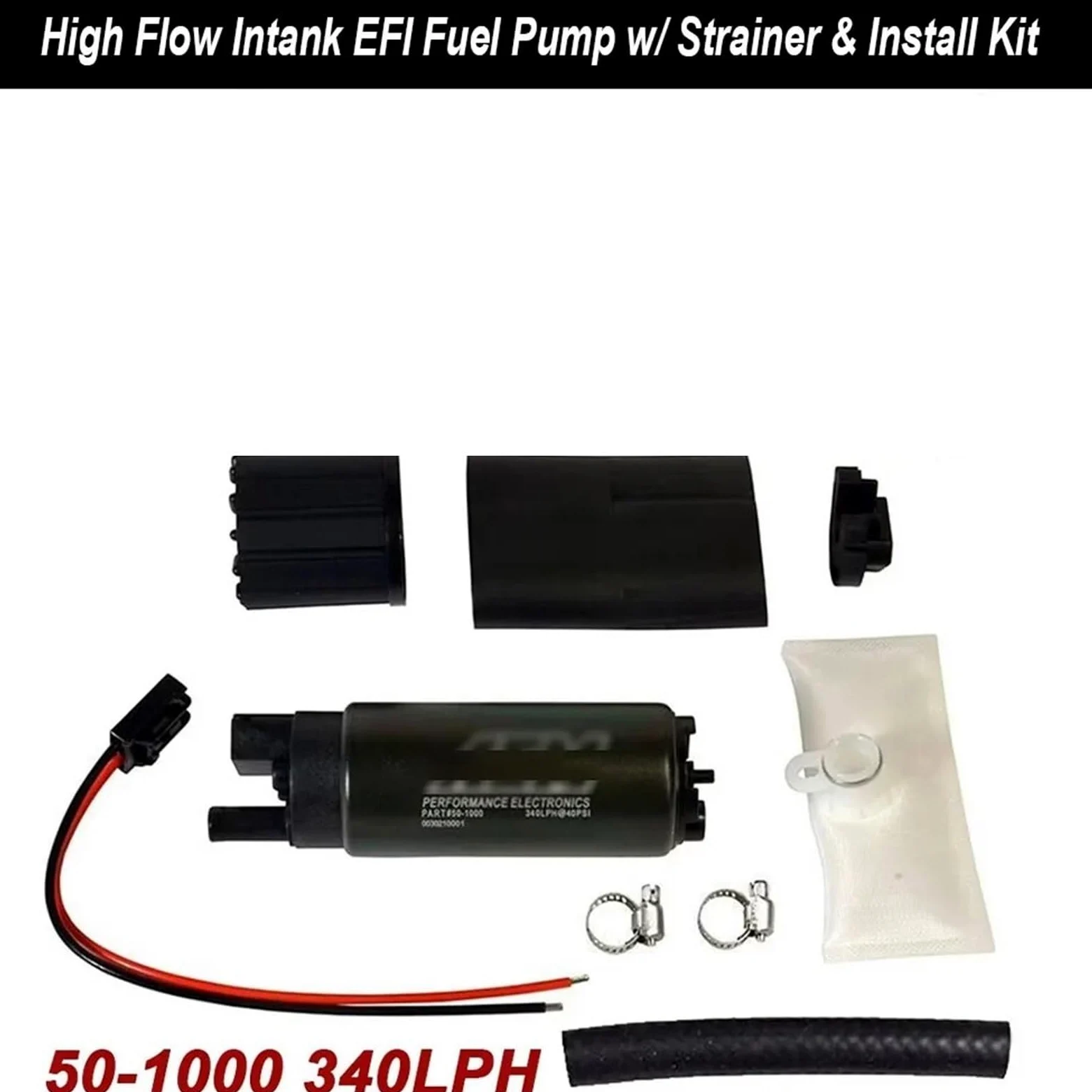 Universal Para Gasolina Bomba de combustible EFI alto flujo para tanque AEM 50-1000 340 LPH con filtro y kit instalación. Compatible Walbro GSS342 50-1210(Black Decal)