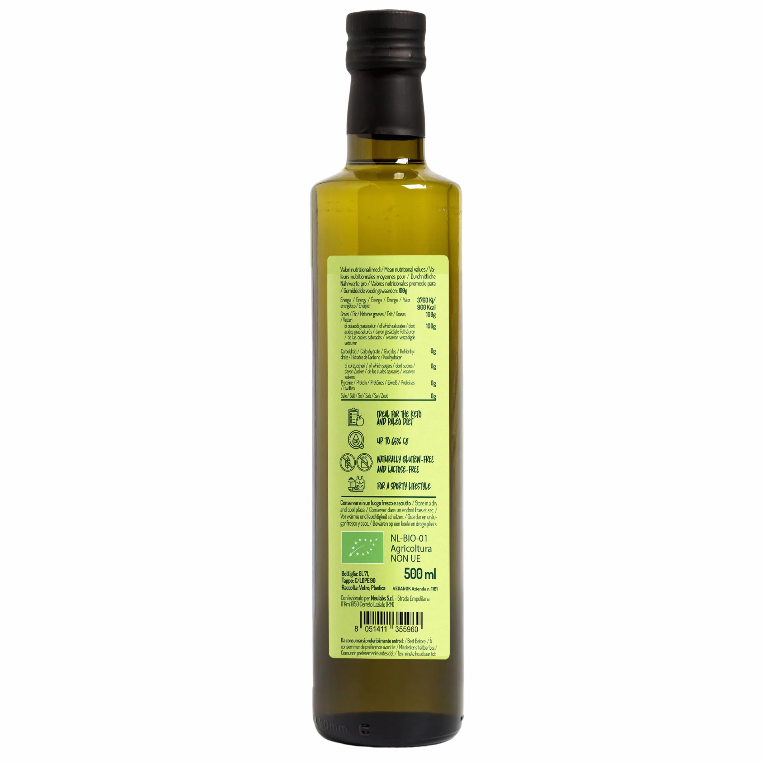 Aceite MCT C8 C10 de Coco Orgánico Prensado en Frío 500ml - 60% C8 40% C10 Virgen Natural Puro
