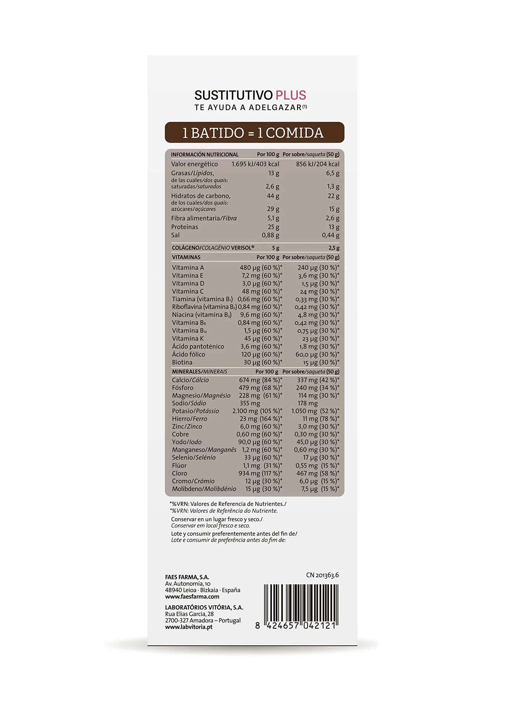 Siken Colágeno Batido Sustitutivo Plus Control de Peso Cacao Estuche 6 Sobres 50 g
