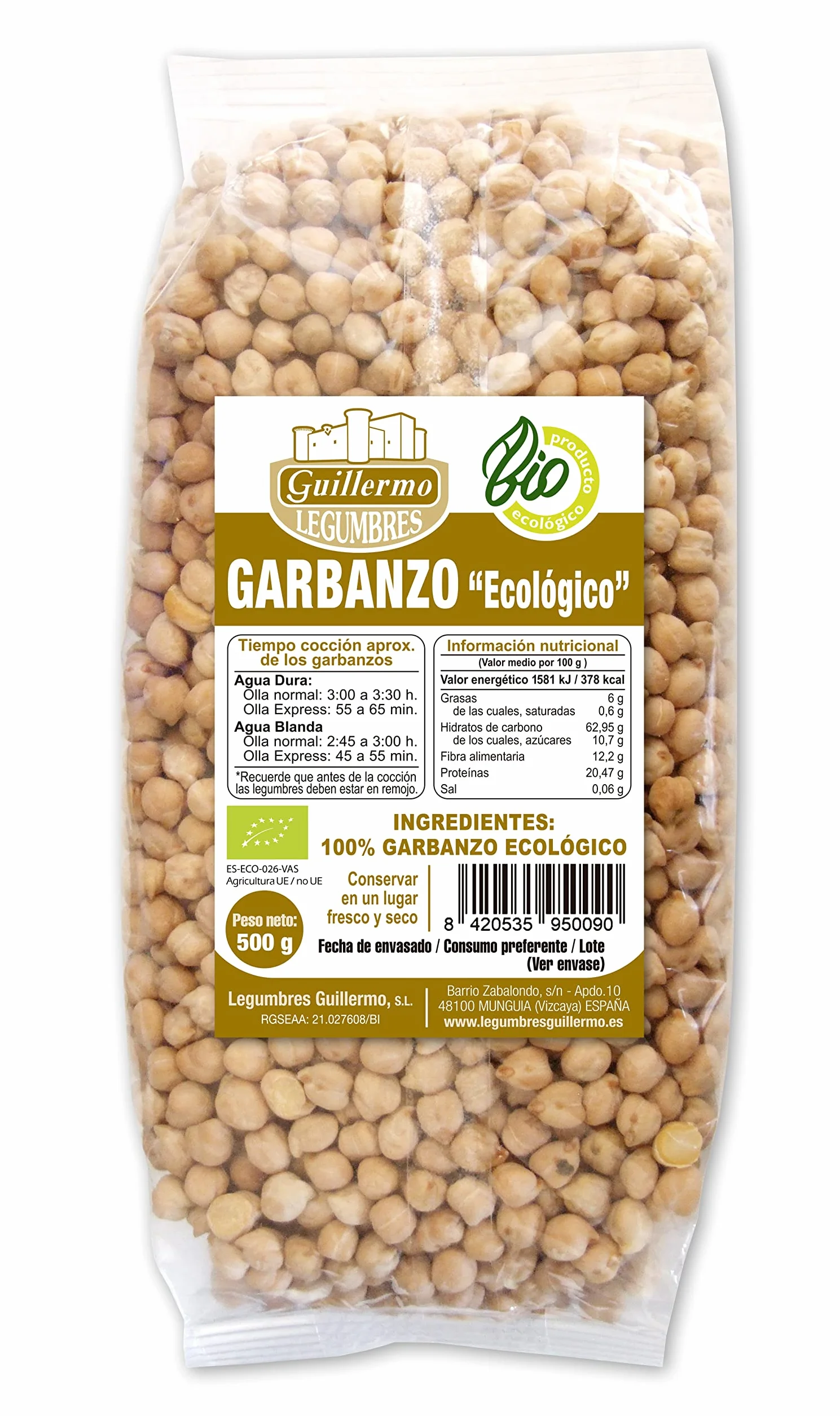 Garbanzo pedrosillano BIO 500g ecológico fuente de energía lenta absorción ácido oleico