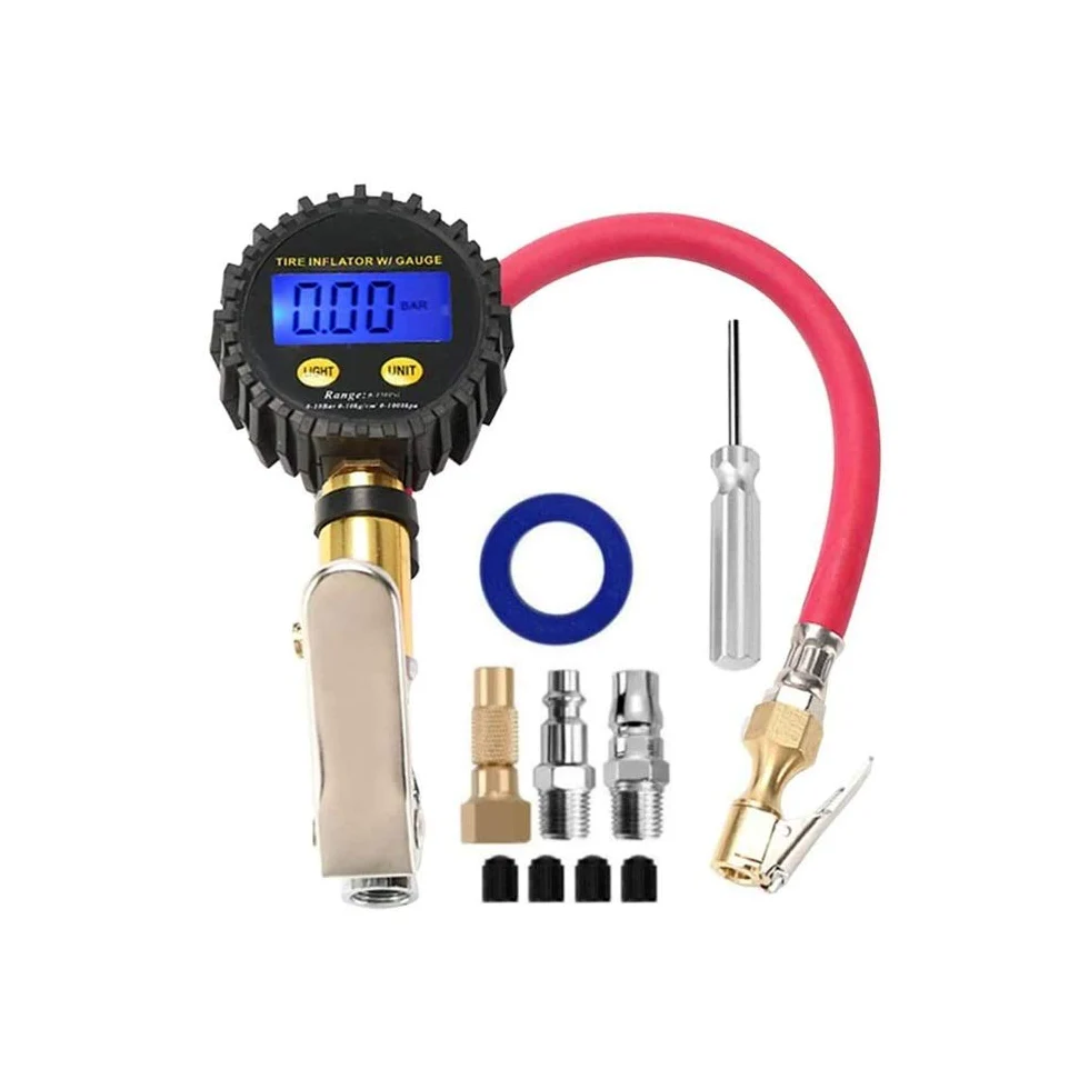 AGAATI Inflador de neumáticos Digital con manómetro, portabrocas de Aire de 200 PSI y Accesorios para compresores de Alta Resistencia con Manguera de Goma y acoplador de conexión rápida