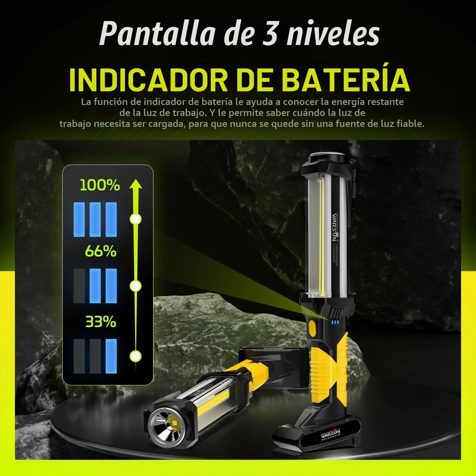 WARSUN 2-Pack Lámparas de Trabajo LED Recargables 1500LM COB con Imán y Gancho Amarillo