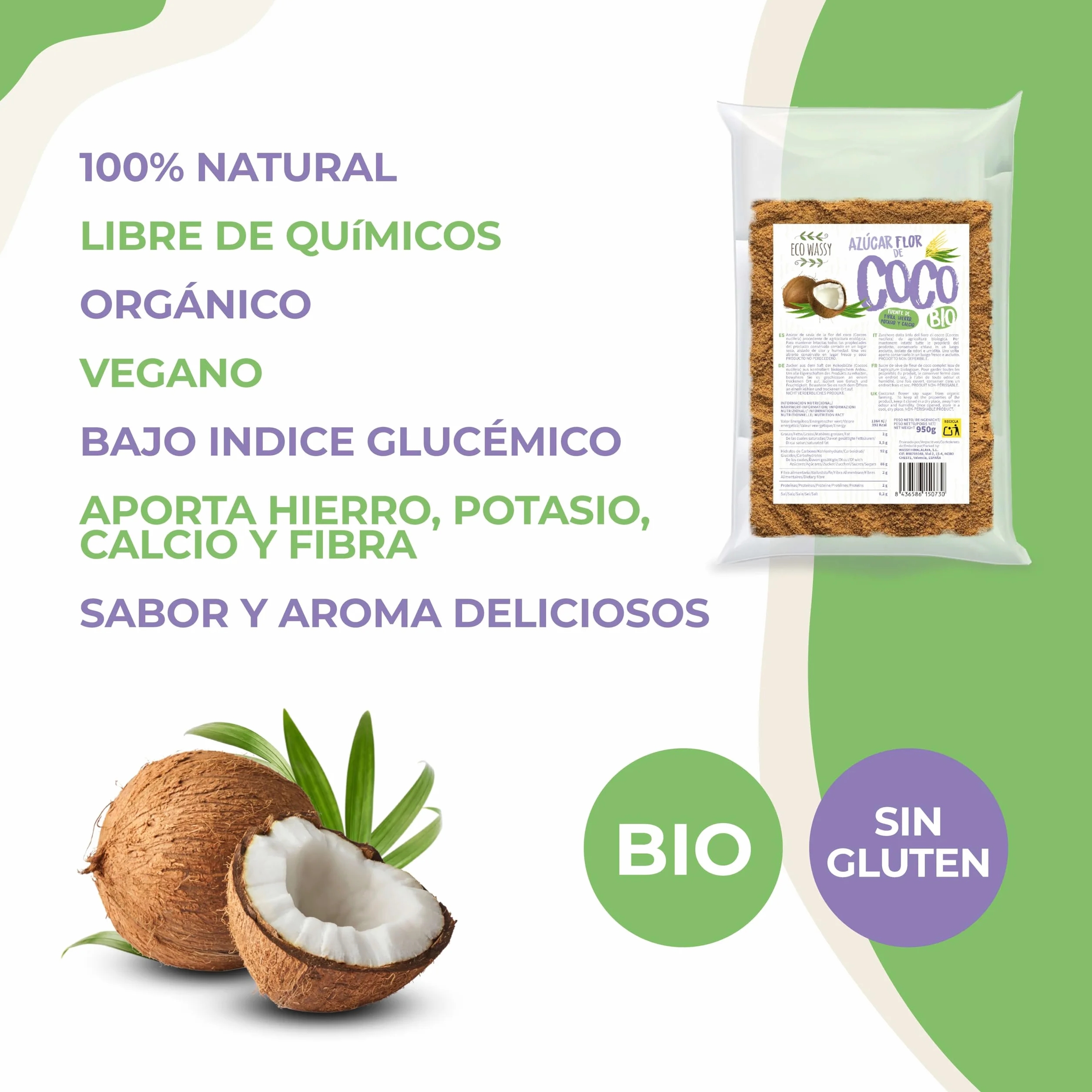 Azúcar De Flor de Coco Orgánico 950g Sin Gluten Bajo Índice Glucémico Vegano