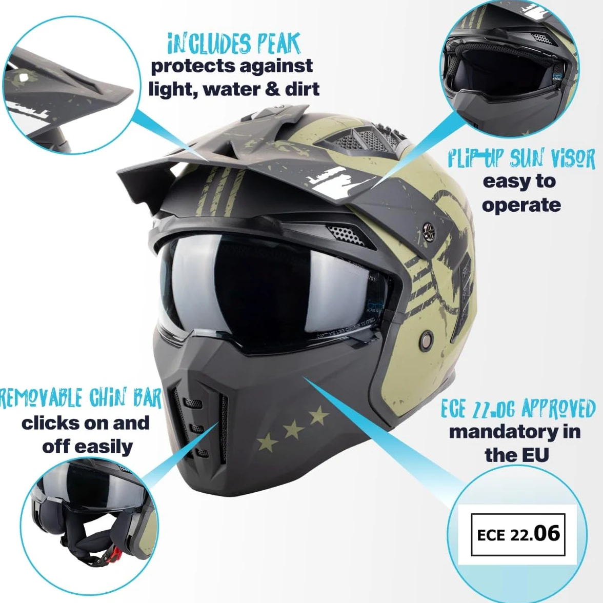VINZ Shikoku - Casco Jet / Streetfighter | Homologado ECE 22.06 | Casco de moto | Casco de moto | Casco Scooter con visera solar / Parasol | Casco Jet con protector de barbilla desmontable