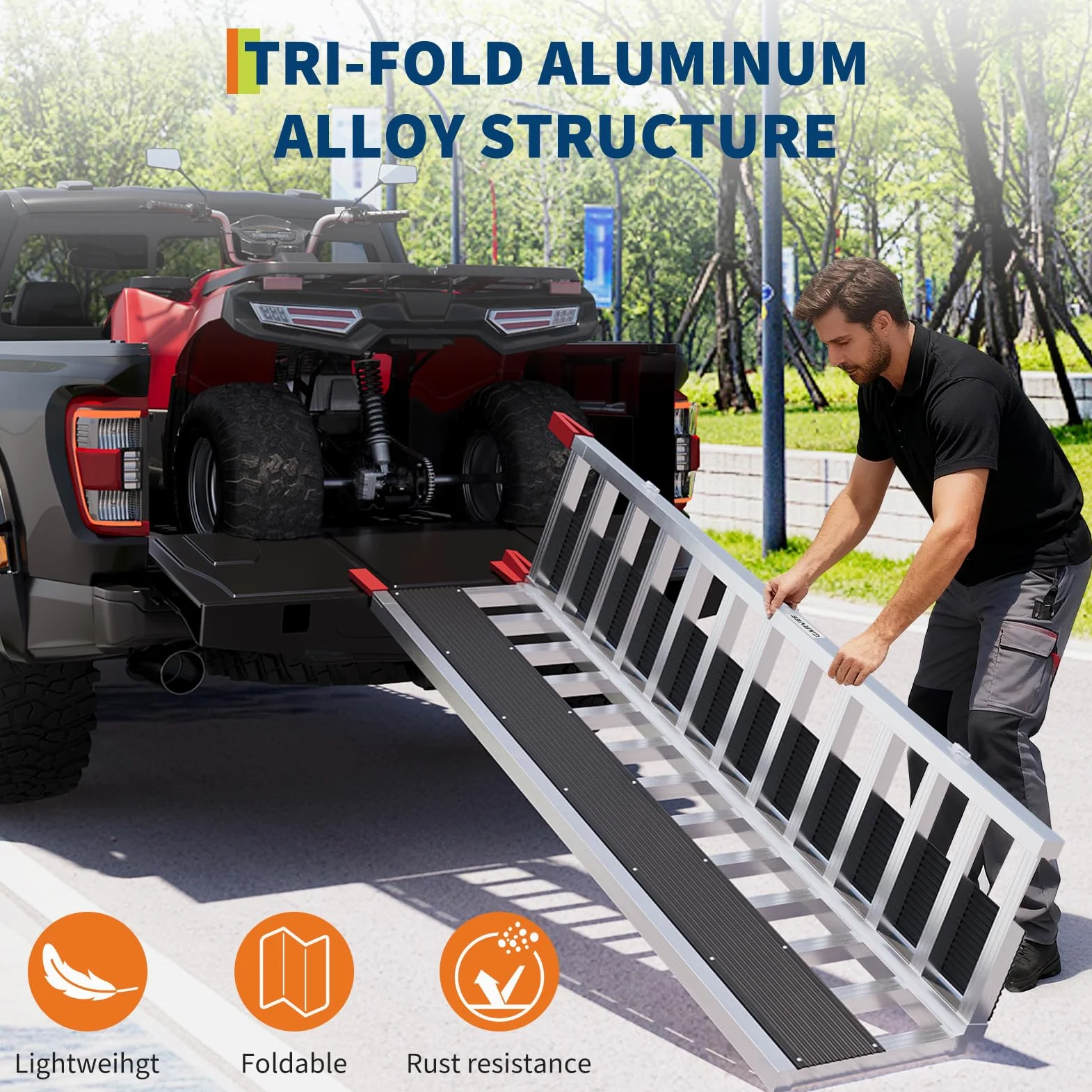 Garvee Rampa Plegable Aluminio 6061 3 Secciones 680 kg | Rampa aluminio 6061 plegable 3 secciones. Capacidad 680 kg, con funda de goma roja. Para carga de moto y vehículos.