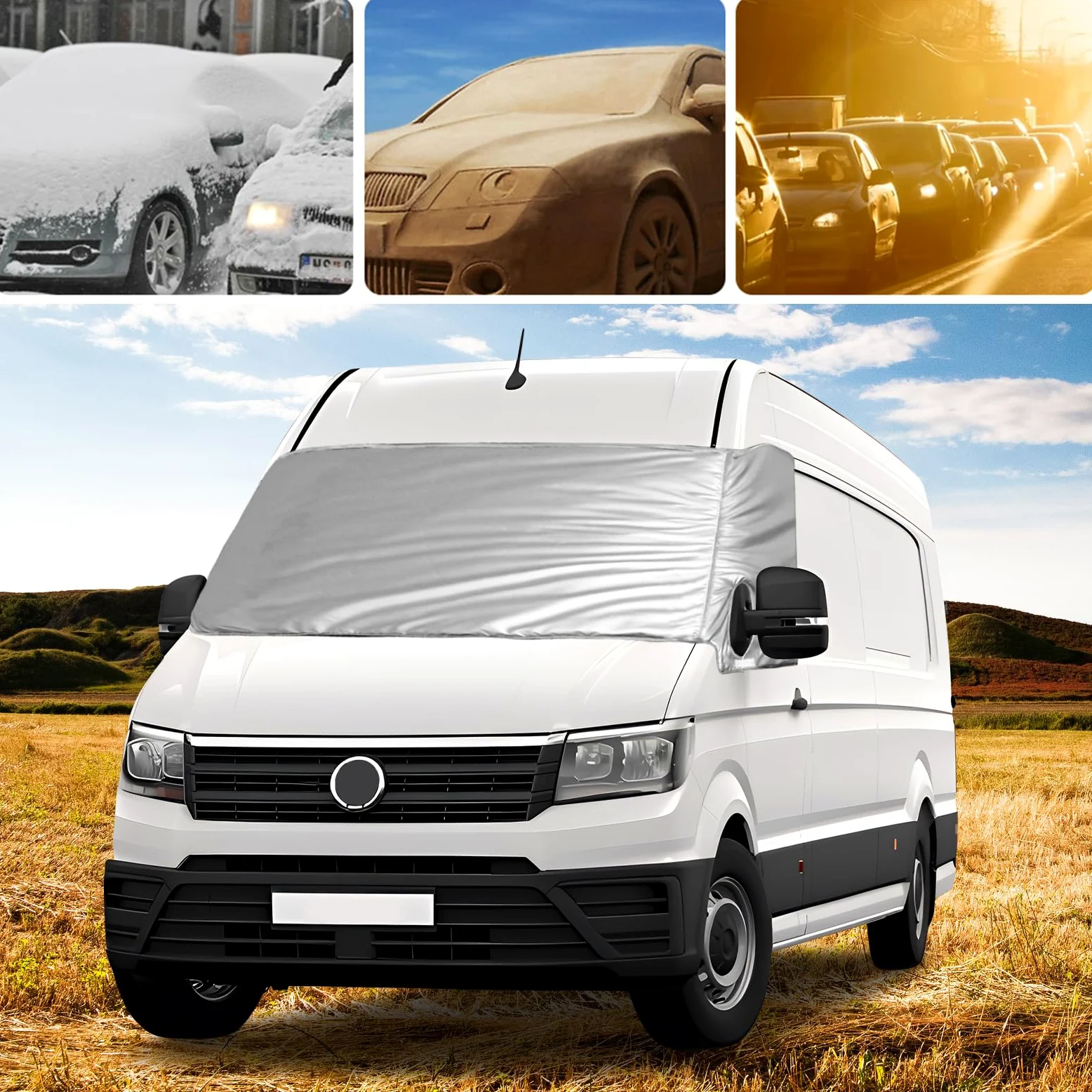 Cubierta de Parabrisas Térmico Externo Compatible con 2018-2023 VW Crafter Grand California, Parabrisas Delantero Cubierta Luxury de Plata para Protección contra Nieve, Hielo, Polvo y Sol