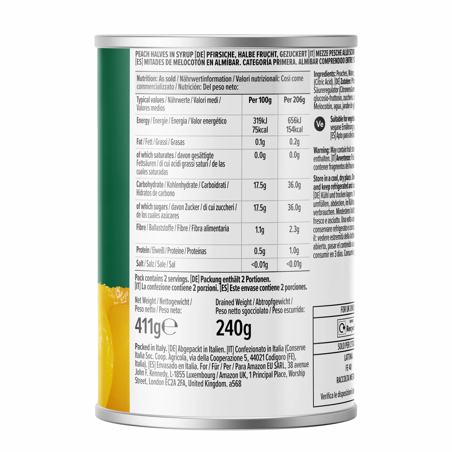 Mitades De Melocoton En Almíbar, 411g