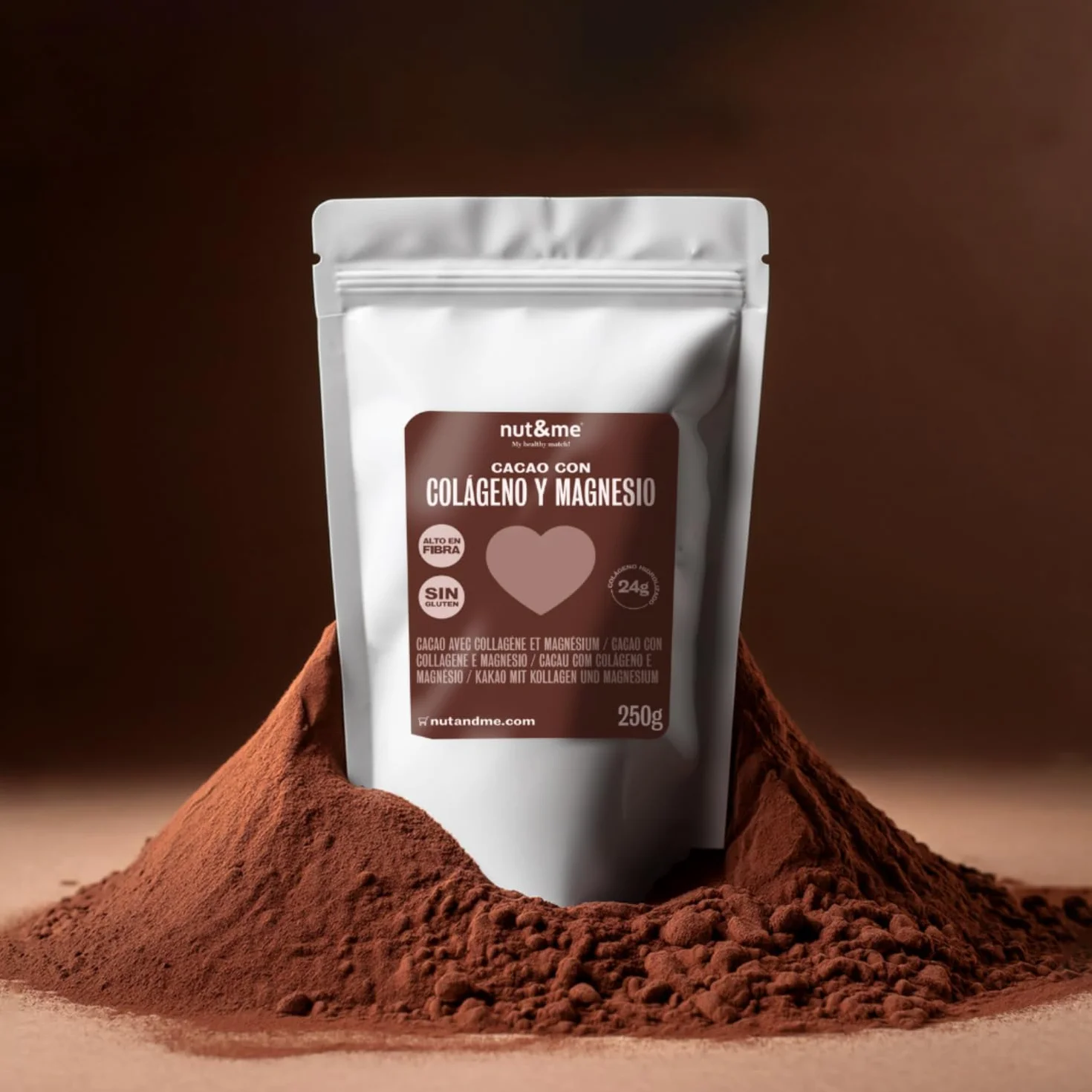Nut&me Cacao con colágeno y magnesio 250 gr, alto en magnesio, hierro, potasio, keto, sin gluten