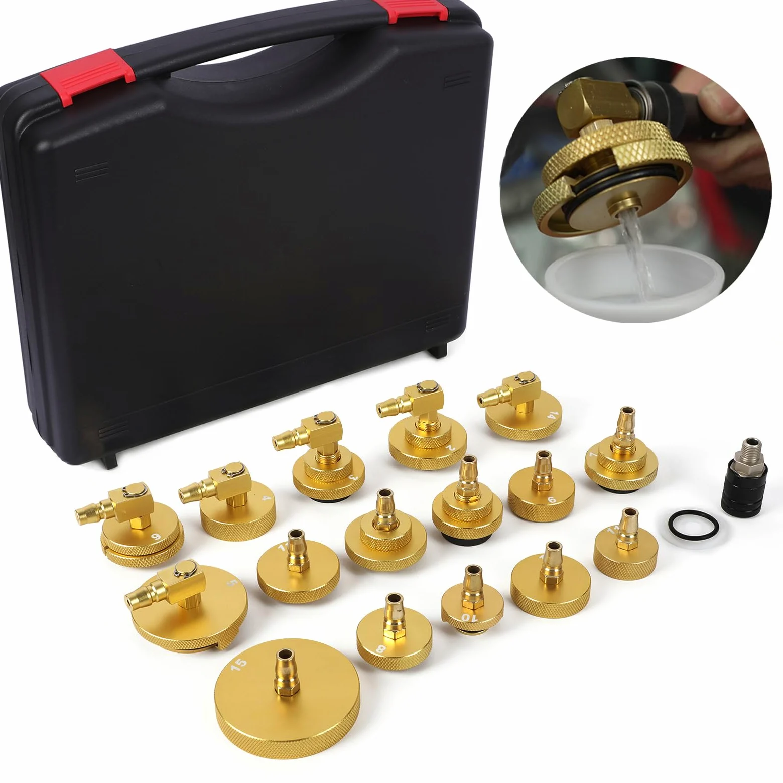 MRCARTOOL Juego de 17 Adaptadores para Purga de Frenos de Coche con 16 Purgadores de Frenos y 1 Acoplamiento Rápido, Juego de Herramientas de Purga de Cilindro de Freno Principal