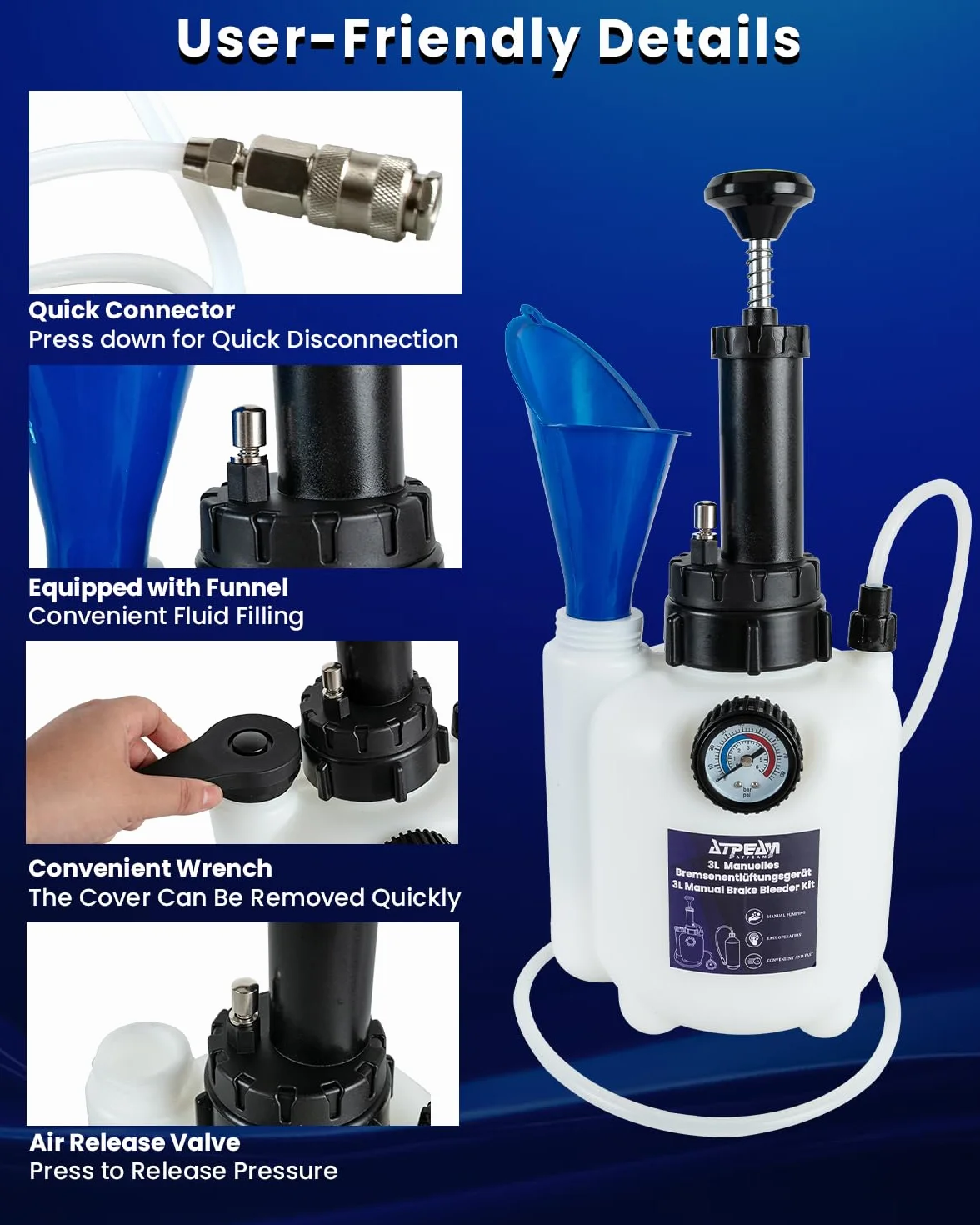 ATPEAM Bomba Manual de Aceite 3L, Purgador de Frenos y Kit de Extracción de Líquidos, Herramienta Universal para Cambio de Aceite y Purga de Sistemas de Frenos