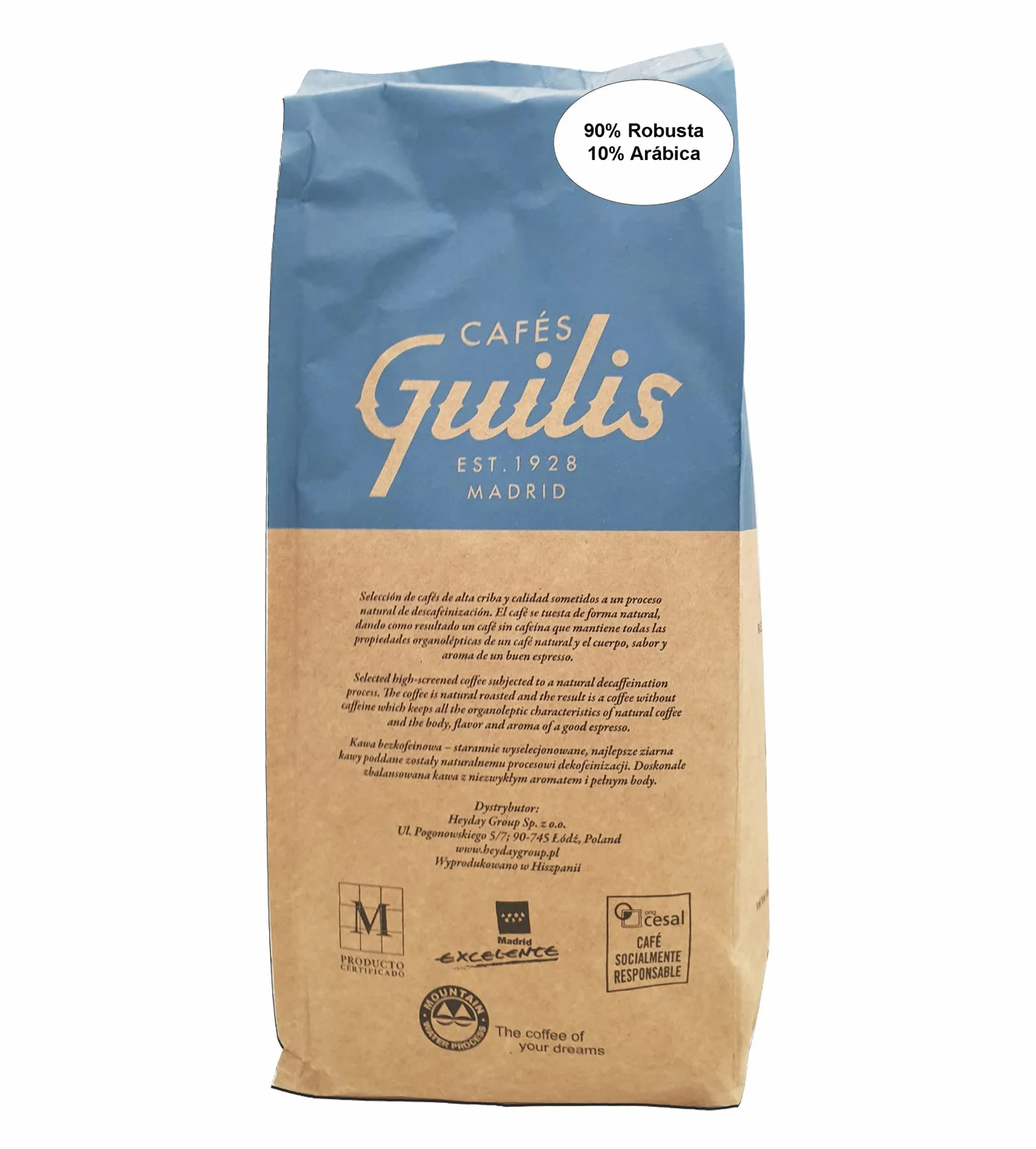 CAFES GUILIS DESDE 1928 Café Descafeinado en Grano 1 kg - Mezcla Intensa - Tueste Natural