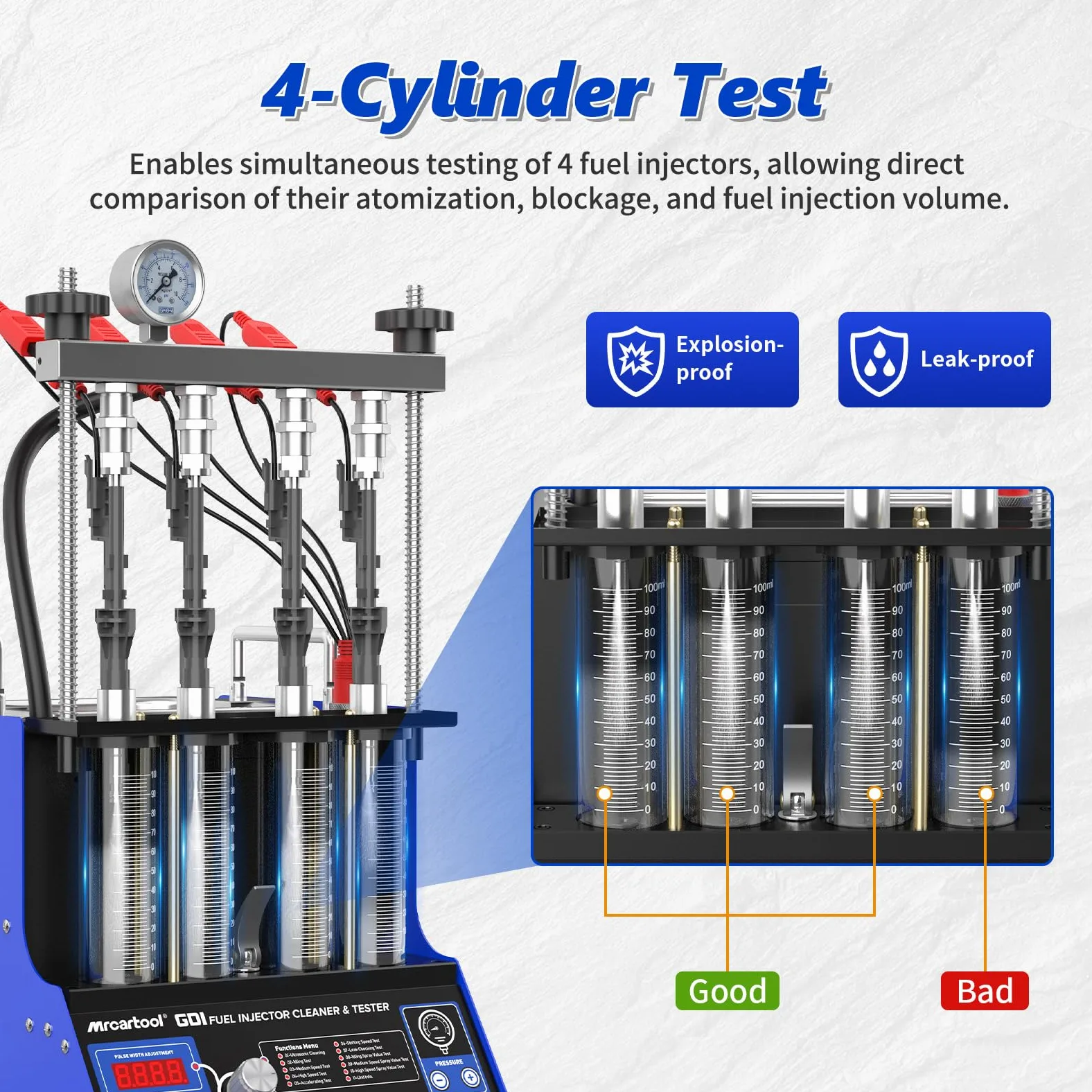 4 Cilindros GDI Probador Máquina de Limpieza con Limpieza Ultrasónica, Ultrasonidos Calefactores Limpiadores y Probador de Inyectores de Combustible con 10 Funciones, Adecuado para Inyectores EFI/FSI