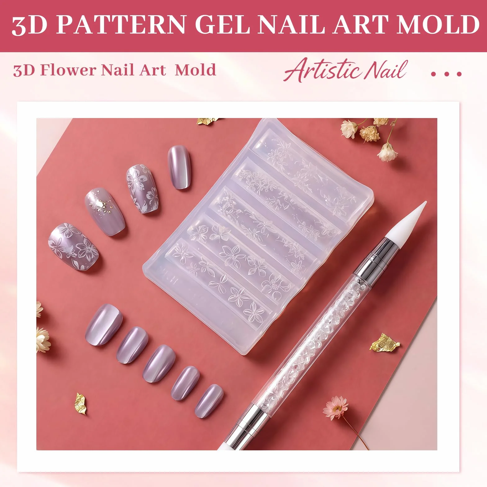 Set de Moldes de Silicona 3D para Diseño de Uñas, Flores y Encajes DIY con Lápiz Aplicador