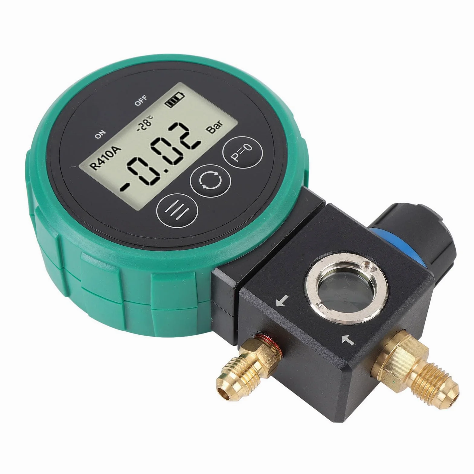 Greensen Manómetro de Presión de Refrigerante Juego de Manómetro de Colector de CA Digital de 0 a 5 MPa con Válvula de Bola 4 Unidades de Presión 9 Refrigerantes para Aire Acondicionado Recarga