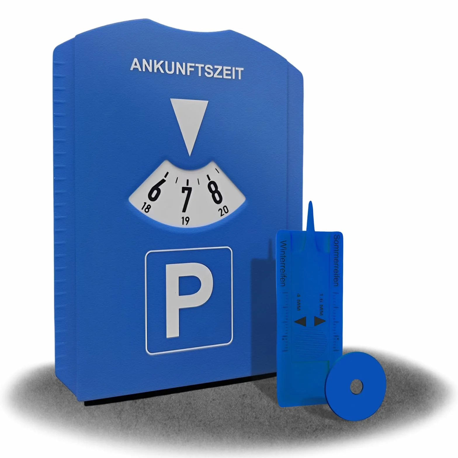 kinoco Parkscheibe mit Eiskratzer - 2 in 1 Parkuhr für Auto und Motorrad INKL. Reifenprofilmesser + Einkaufswagen-Chip | Winter Eiskratzer & Profiltiefenmesser