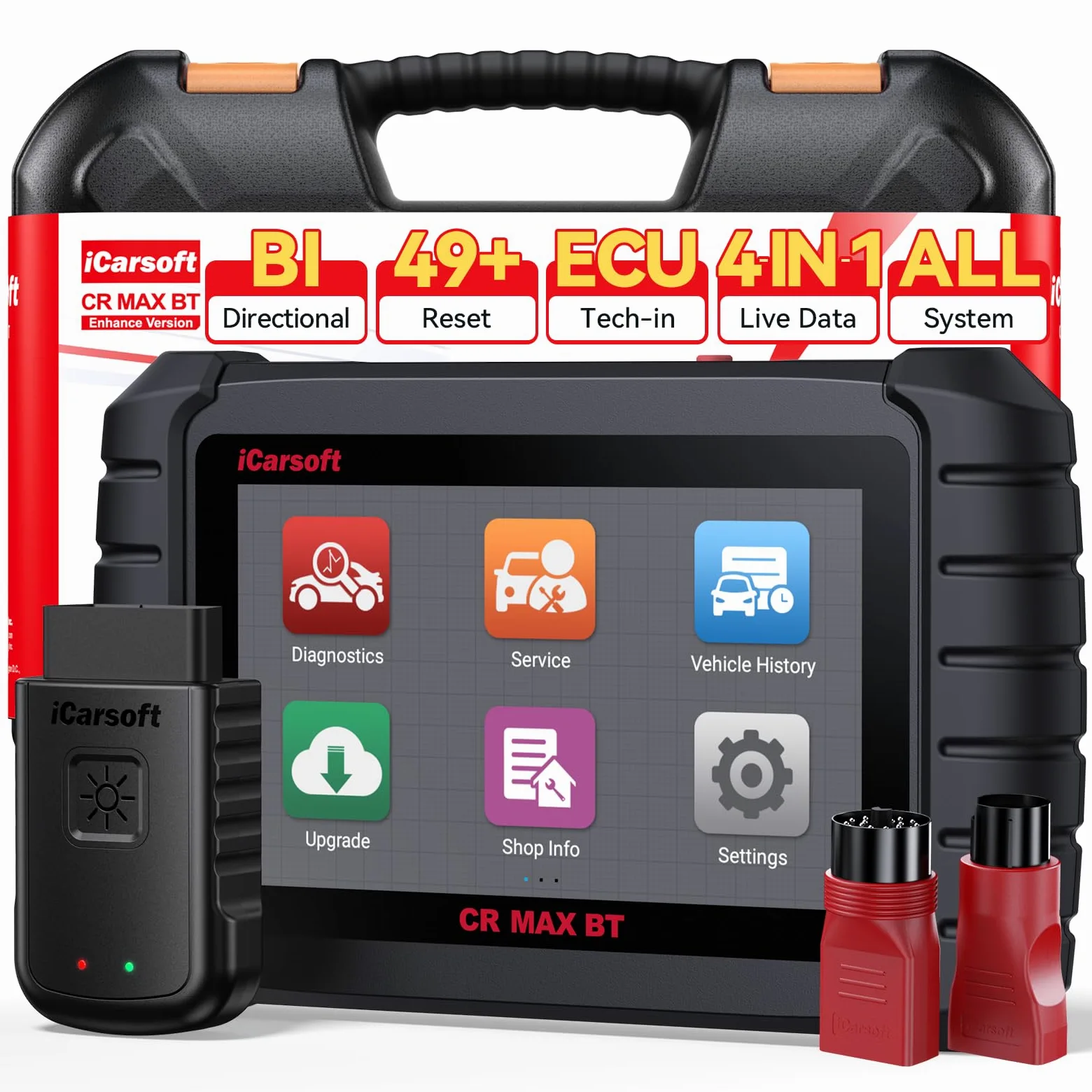 iCarsoft CR MAX BT OBD2 Máquina Diagnosis Coche Multimarca, Bidireccional Escáner de Todo el Sistema, 49 Funciones Reinicio, Codificación de ECU, CANFD, Vin Automático, 2 Adaptadores Incluidos