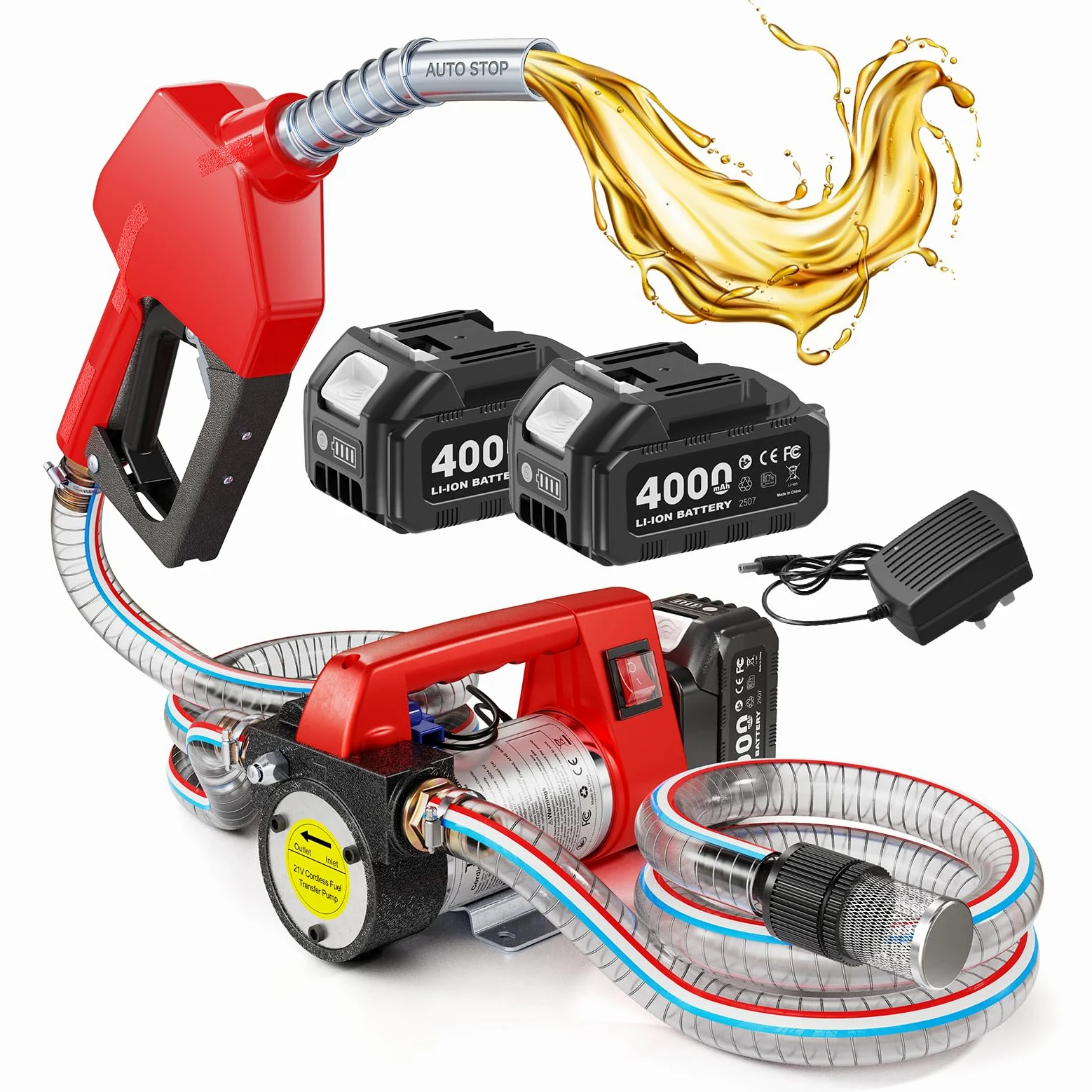TaskStar Bomba de transferencia de combustible alimentada por pilas, kit de bomba eléctrica de 45 l/min con 2 baterías de 4.0 Ah y cargador, portátil inalámbrico con boquilla de apagado automático y 2