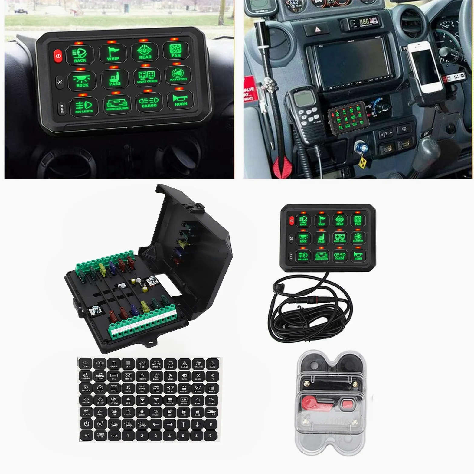 Fockety Panel de Interruptores de 12 Bandas, Interruptor de Palanca Multifunción de 12 V 24 V, Caja de Sistema de relé de Control de Circuito Momentáneo para Camión, RV, Todoterreno,