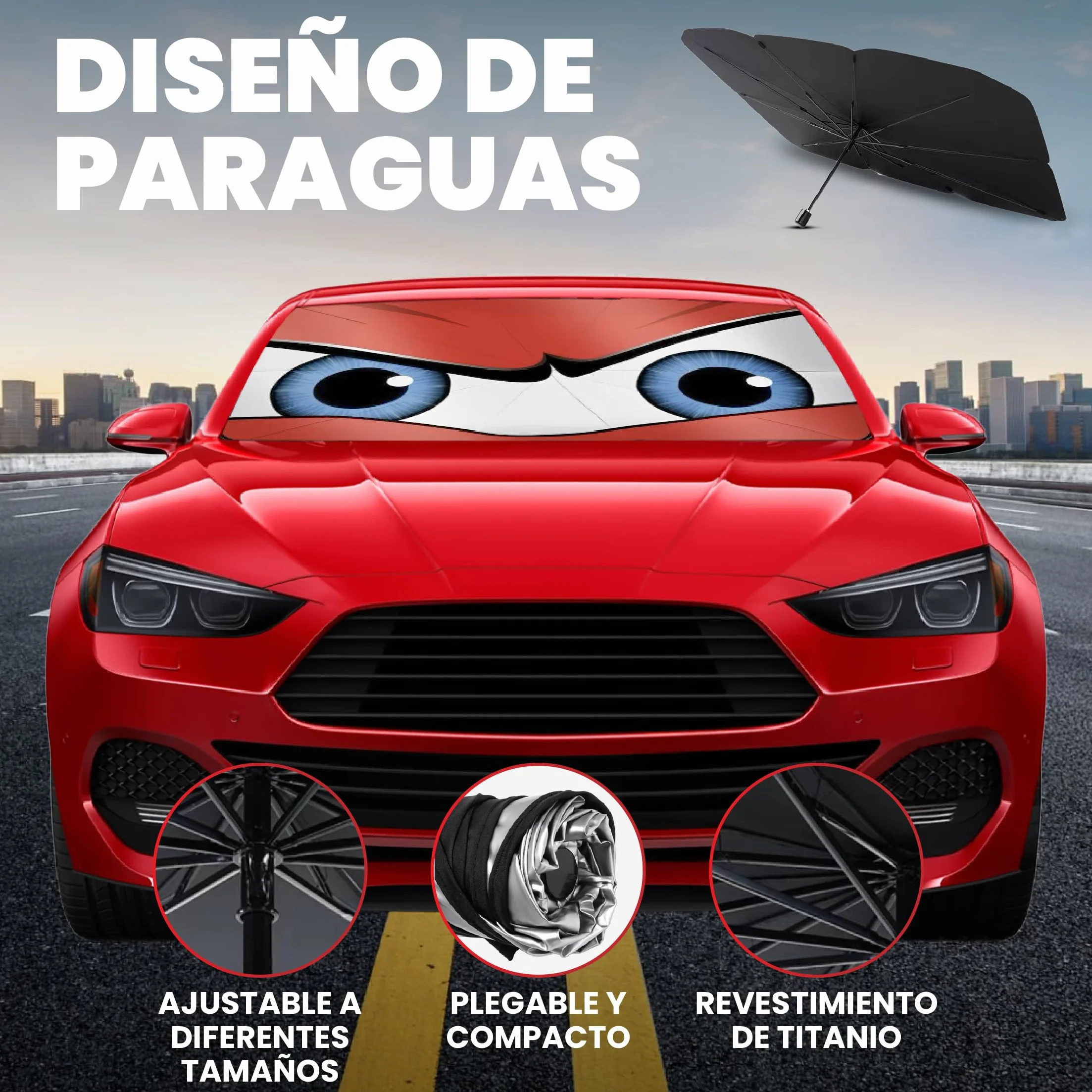 Parasol Coche Delantero 140 cm x 80 cm, Protector Solar de SUV y Camión, Parasol Paraguas Coche de Poliéster, Plegable con Eje Giratorio 360º y Revestimiento de Titanio, Resiste a los Rayos UV