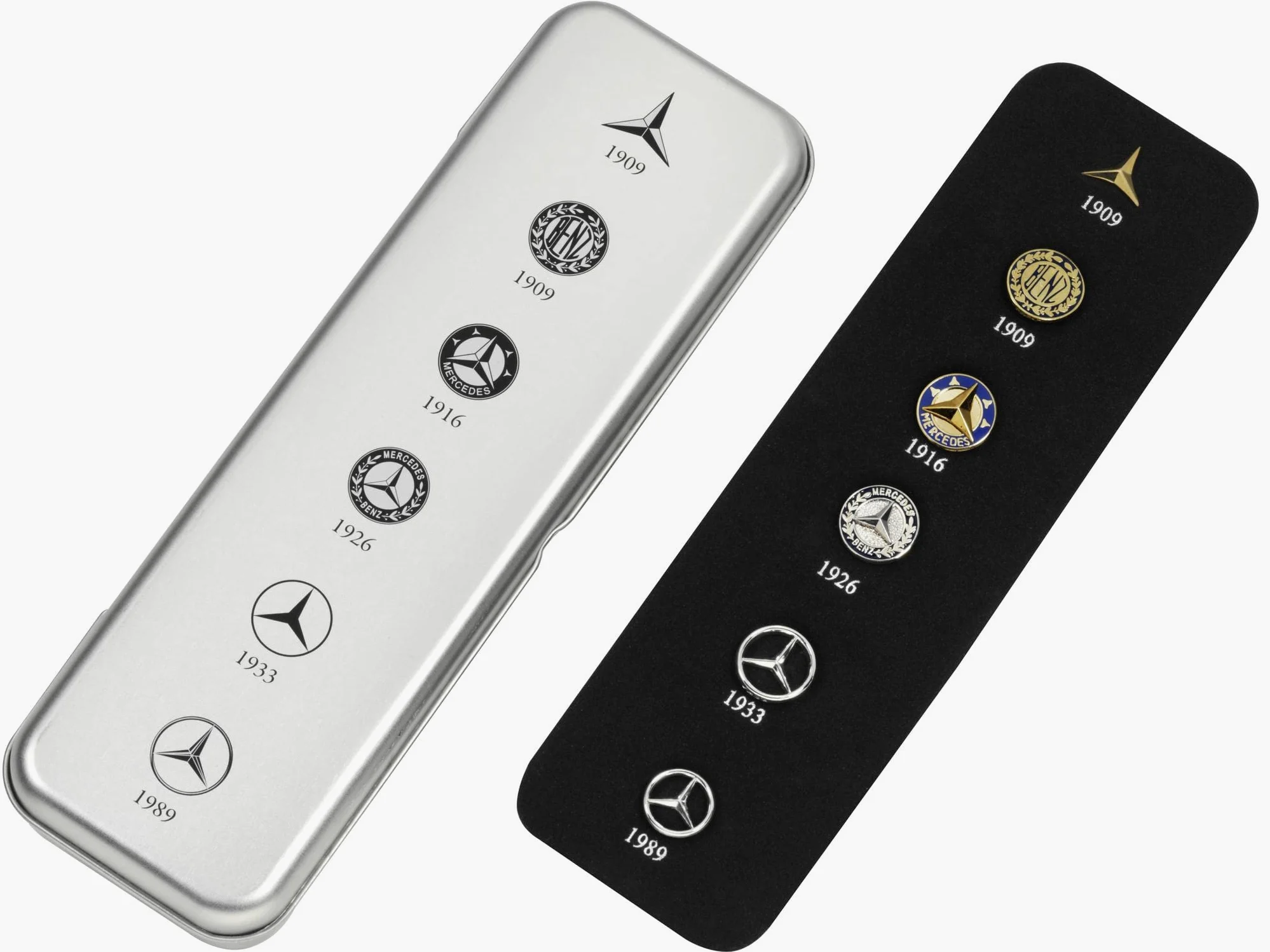 Mercedes-Benz, Pins, Estrellas históricas e icónicas de la marca, caja 6 unidades, Colección Clásica, color plata, edición para coleccionistas. Producto Oficial.