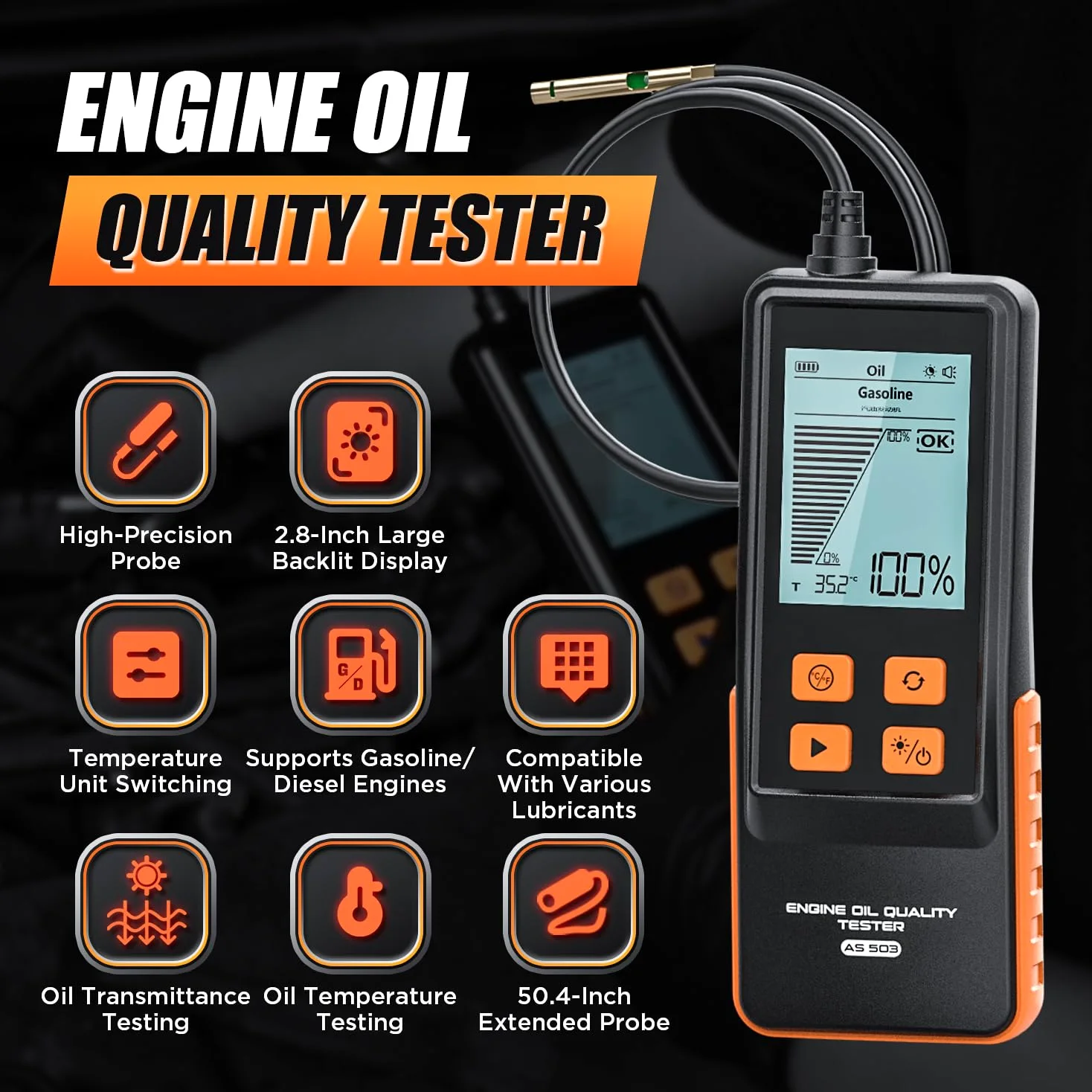 Probador de aceite de motor, probador de calidad de aceite de motor diésel y gasolina, sonda extendida de 50 pulgadas y respuesta rápida, analizador profesional de aceite de motor con pantalla LCD de