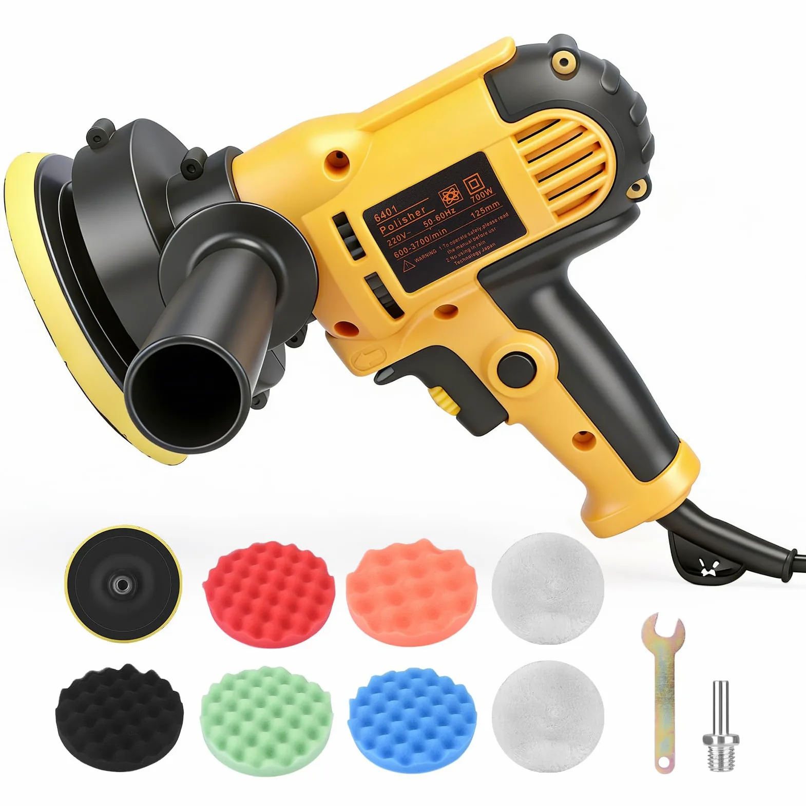 Pulidora Coche 700W con 6 Velocidades Variables 600-3700RPM Mango Desmontable 5 Almohadillas