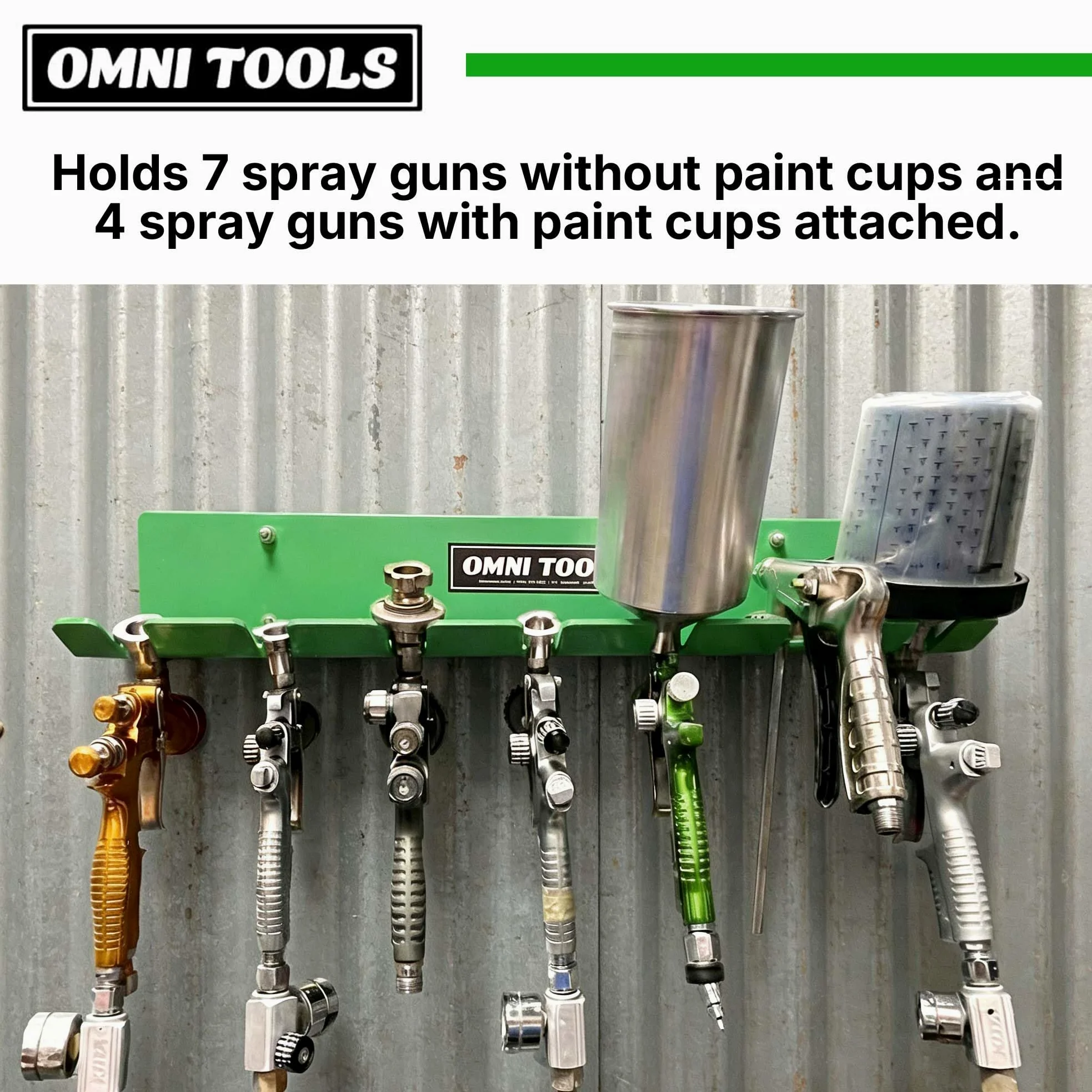 LAUCO Omni Tool - Soporte para pistola de pintura múltiple, soporte para pistola de pintura, capacidad para 7 pistolas sin tazas o 4 pistolas con tazas, diseño estable y sin arañazos (verde, 1 unidad)