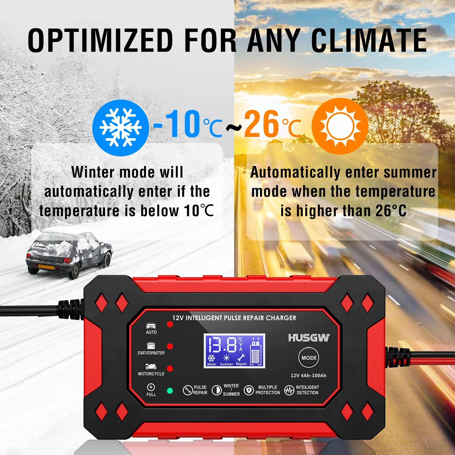12V6A Cargador de Batería de Coche,Cargador de Batería Inteligente con Pantalla LCD, Múltiples Funciones de Protección,paraAutomóviles,Moto,Camión,AGM,Gel,SLA (2Ah-100Ah)