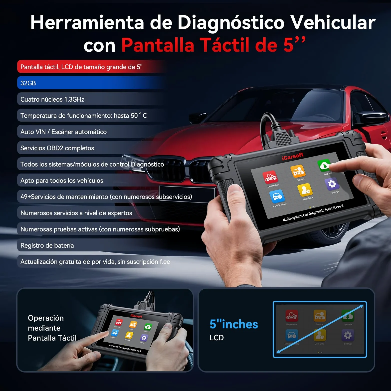 CR Pro S Herramienta de Diagnóstico Bidireccional para Todos los Coches, Codificación ECU para Audi/BMW/VW, Escáner OBD2, Pantalla Táctil/49 Restablecimientos/4000+ Pruebas/Registro de Batería