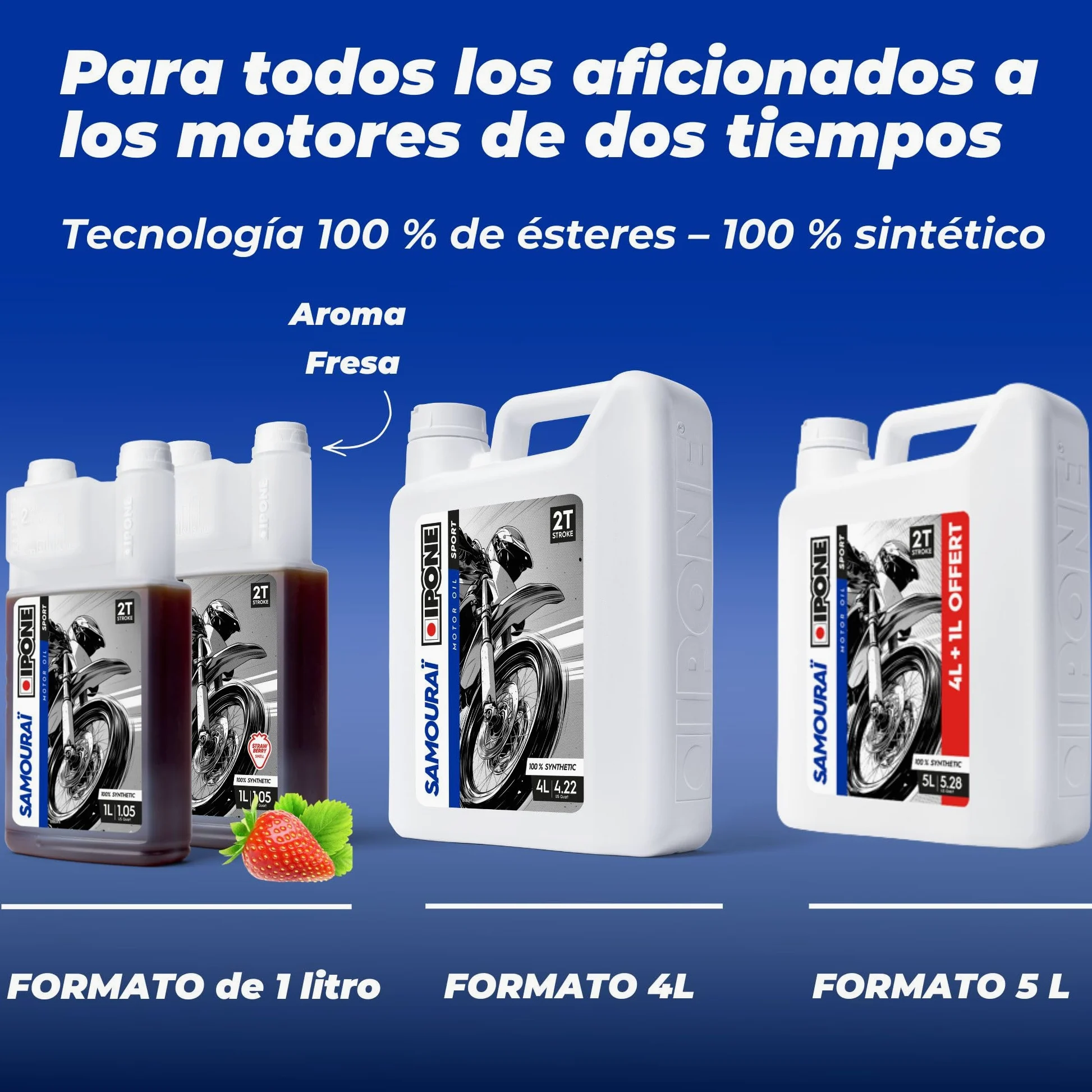 IPONE – Aceite de Motor para Moto 2 Tiempos Samouraï – Bidón dosificador 5 Litros - 100% sintético - Gama Sport - Altísimas prestaciones - Protección óptima del motor - Uso ocio y competición