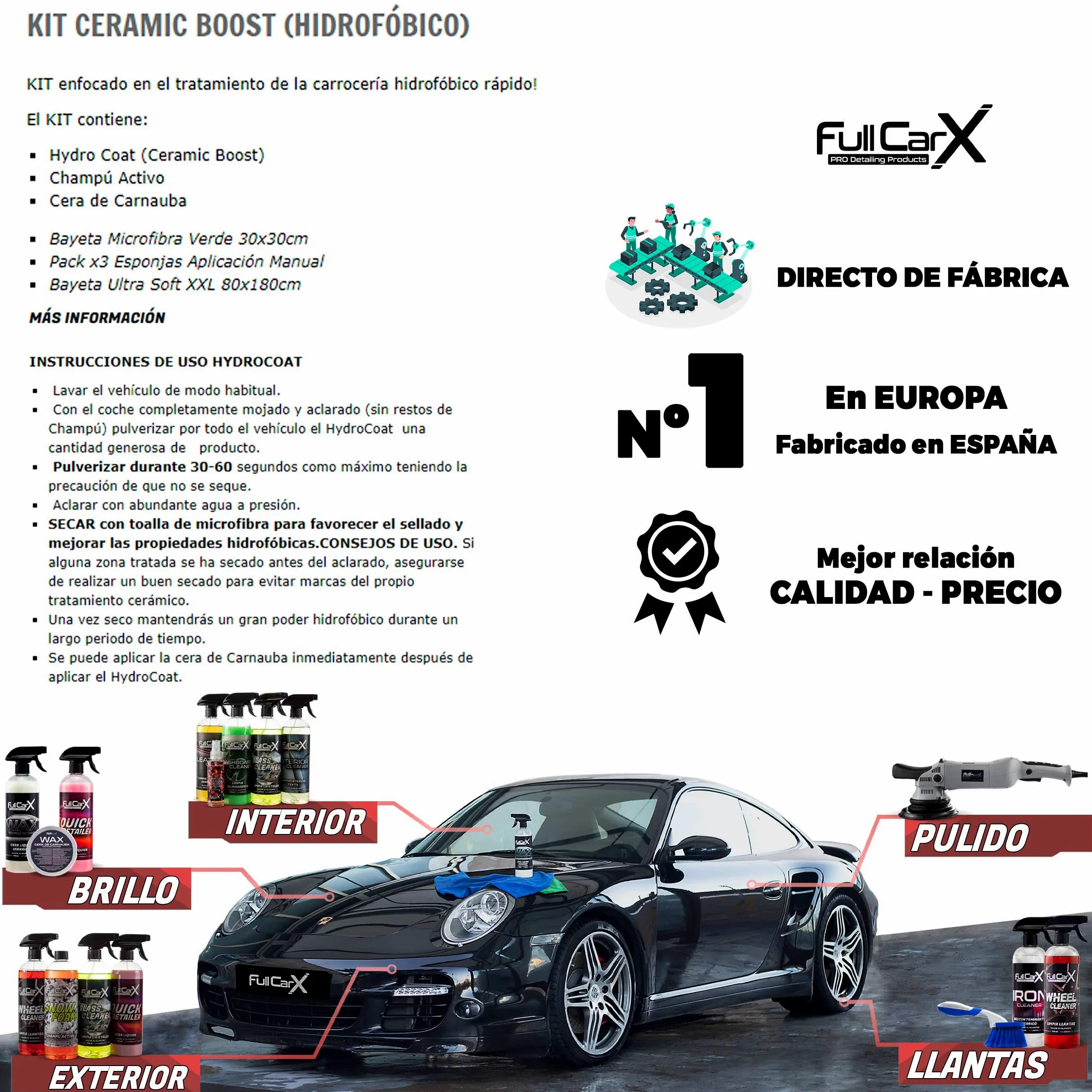 Kit Ceramic Boost Protección Cerámica Hidrófuga Repelente de Agua/Polvo/Suciedad - Hydrocoat + Champú + Cera Carnauba + Accesorios