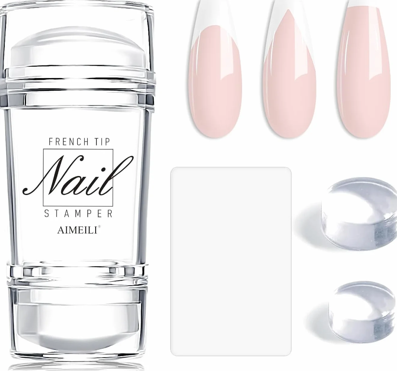 AIMEILI French Tip Nail Stamp 4PCS Nail Art Stamper Kit Clear Silicone Double Head Nail Stamper with Scrapers