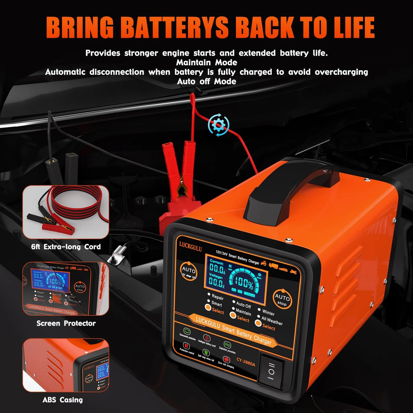 Cargador de batería de coche 12V/24V 20A, equipo automático de carga y mantenimiento de alta resistencia con modo reparación, programa de invierno y parada automática; cargador rápido para coches, cam