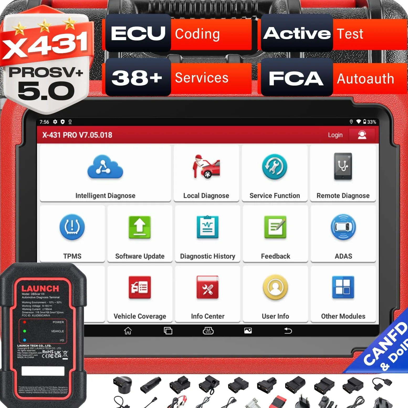 Launch X431 Pros V5.0 OBD2 Diagnosis Coche Multimarca, Codificación ECU | 38+ Funciones, Control Bidireccional, Escáner de Todo el Sistema, CANFD&DOIP, FCA, Guiada Función, 2 Años Actualización