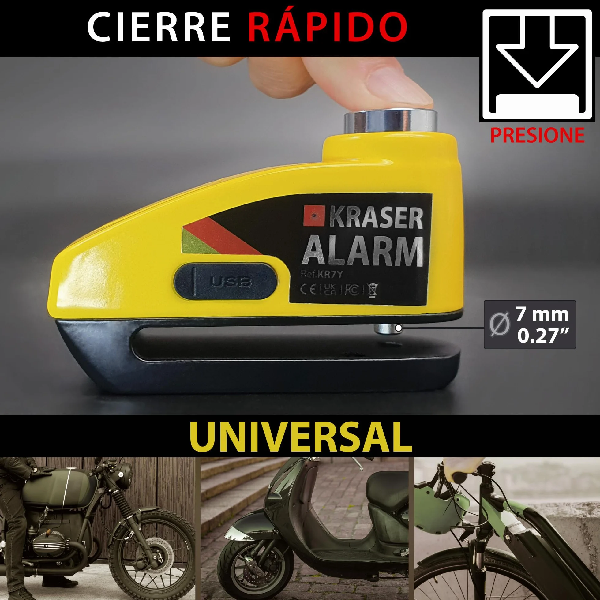 KRASER KR7Y Candado Disco Moto con Alarma 110dB Batería Recargable USB, Sensor de Movimiento, Impermeable Resistente Visible, Antirrobo Cepo Pinza Freno Bloqueo 7mm Universal, Amarillo