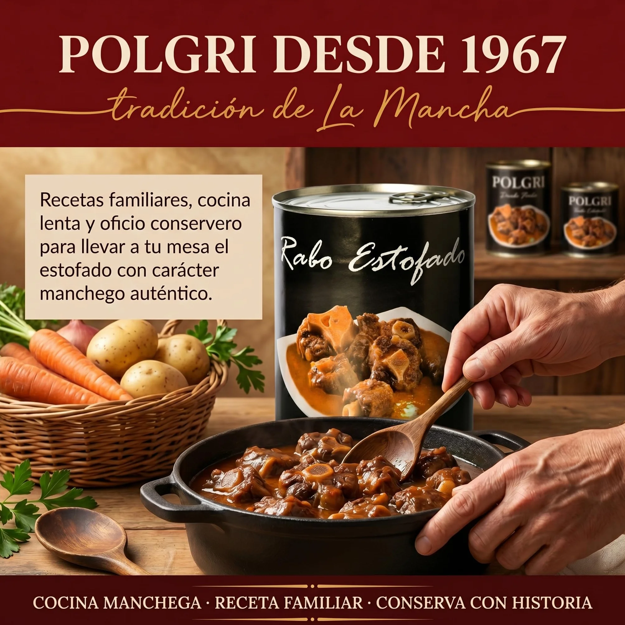 POLGRI Rabo de Vacuno Estofado 800g Receta Manchega Artesana 45% Carne Listo para Calentar Gourmet Español Plato Preparado