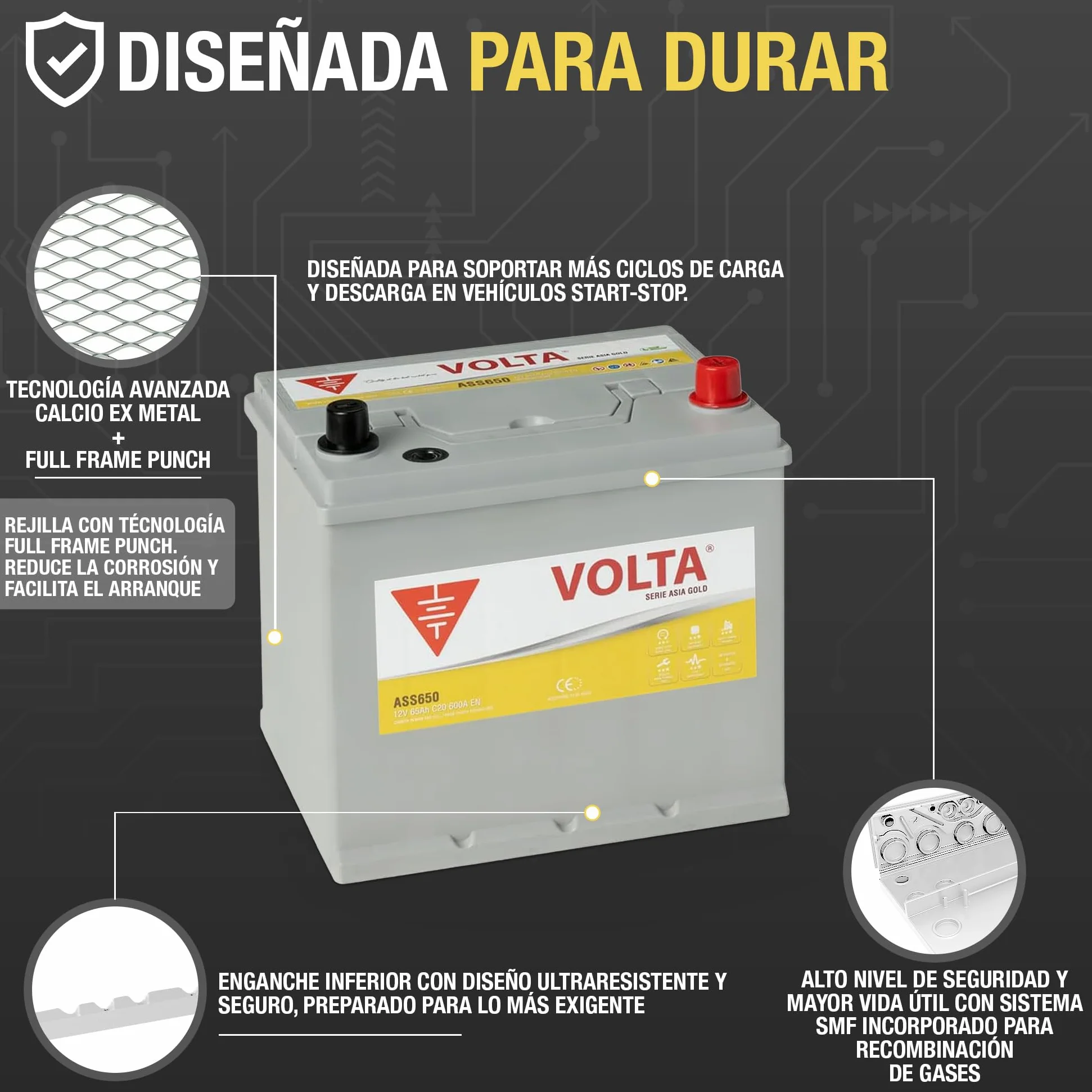 Batería de Coche Start-Stop EFB 65Ah 600 AEN - Volta Gold Asia ASS650D - Sistema Start-Stop - Borne +Derecha - Medidas Largo 230 x Ancho 173 x Alto 225 mm con 2 Años Garantía - Fabricación Europea