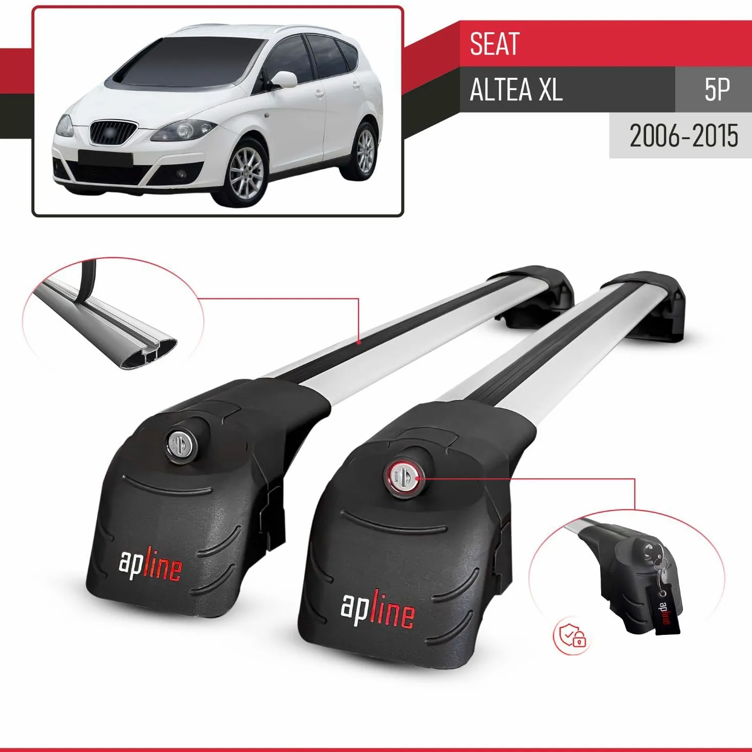 Compatible con Seat Altea XL (5P) 2006-2015 Modelo Ace-2 Barra de Techo Auto Portaequipajes Barras Transversales Gris Aluminio 2 Barras