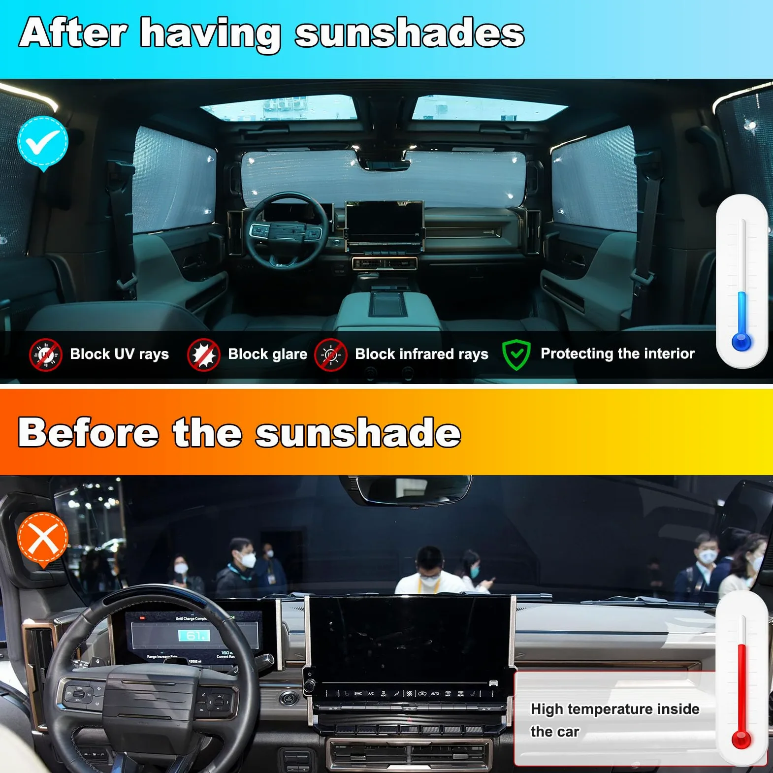 Parasol para parabrisas compatible con Hummer EV 2024 para ventana delantera y lateral, parasol para parabrisas de automóvil, parasol plegable para coche, bloquea los rayos del sol y mantiene tu coche