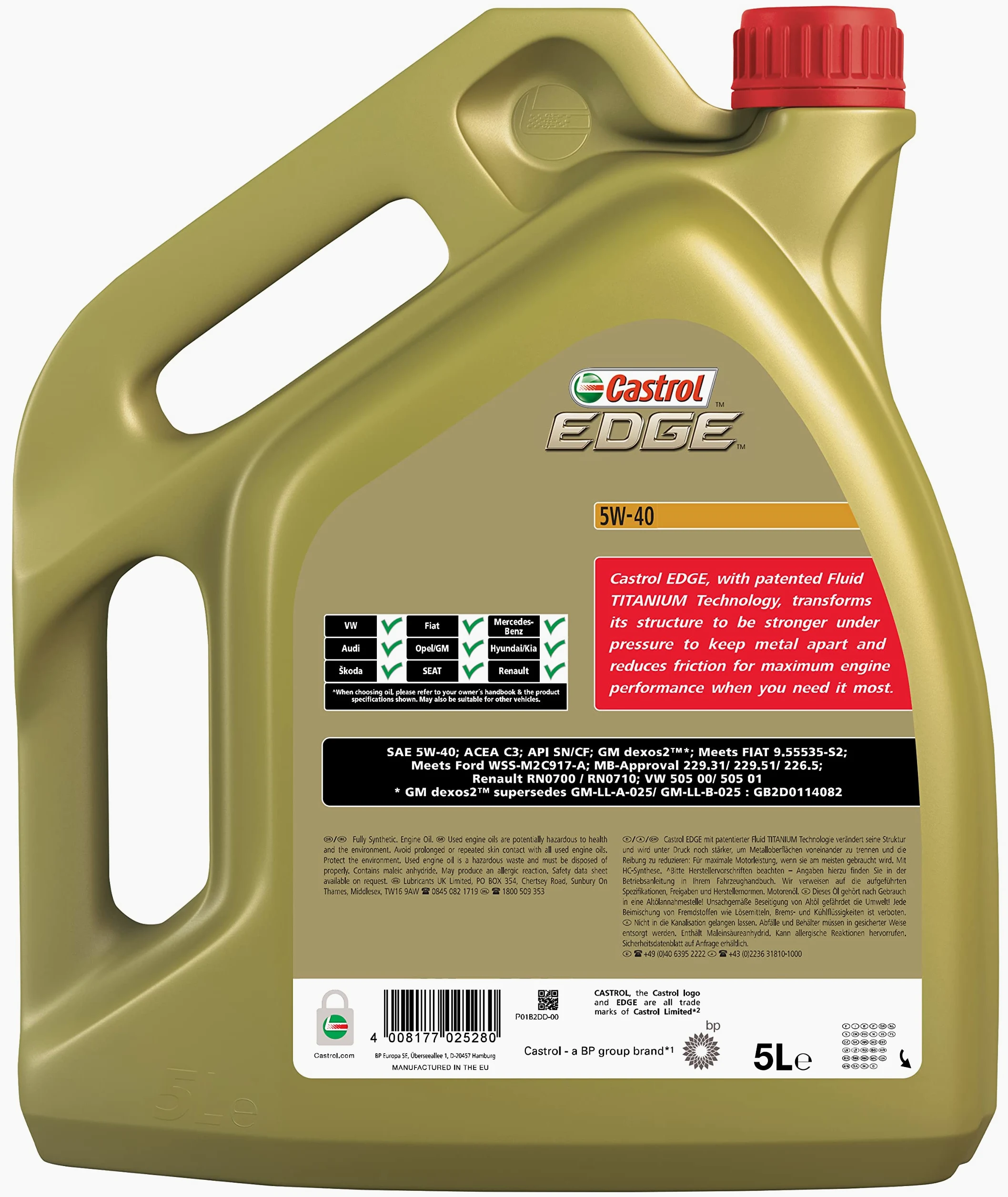 CASTROL Aceite de motor 5W-40 EDGE Aceite sintetico ACEA C3 API SN API CF 5L Compatible con VW Polo V Hatchback 6R1, 6C1 up! Hatchback 121, 122, BL1, BL2, BL3, 123 Golf 7 Hatchback 5G1, BQ1, BE1, BE2